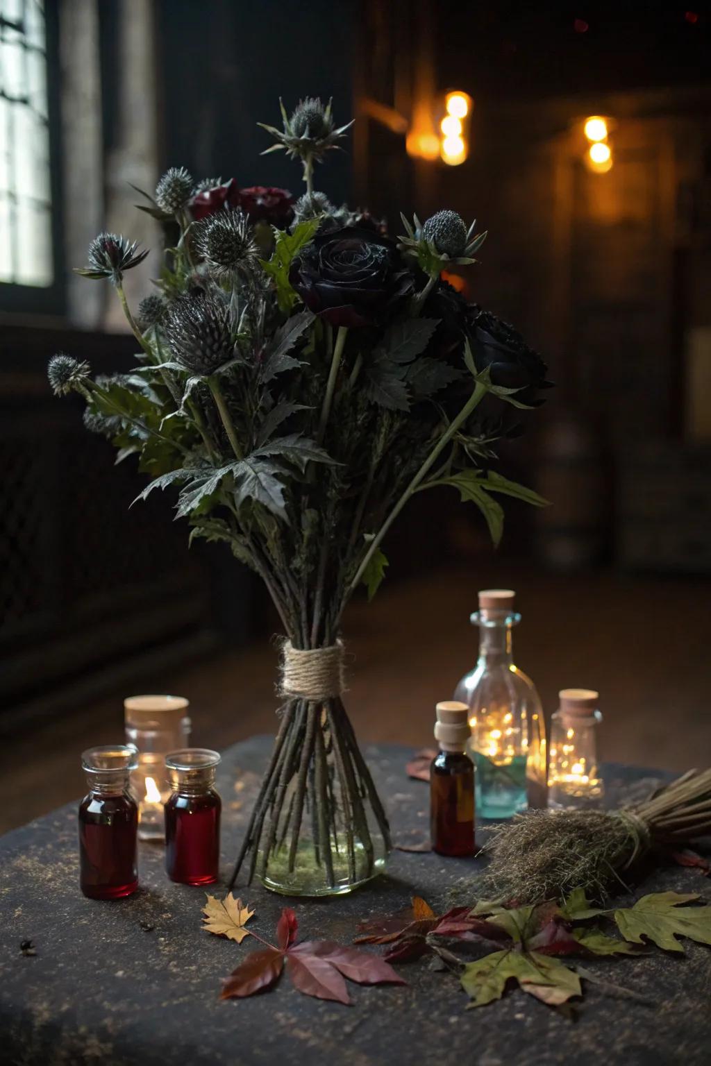 Deadly plants and vials establish a chilling centerpiece for Halloween.