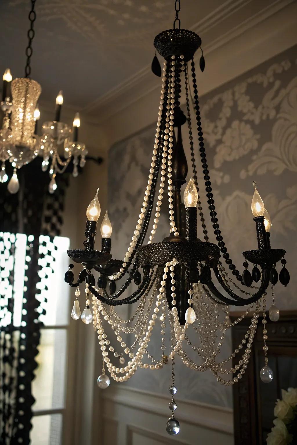 Beads and gems impart a gothic alteration to your chandelier.