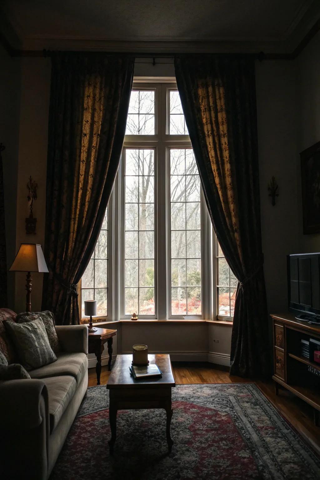 Dark curtains bring depth and drama to the decor.