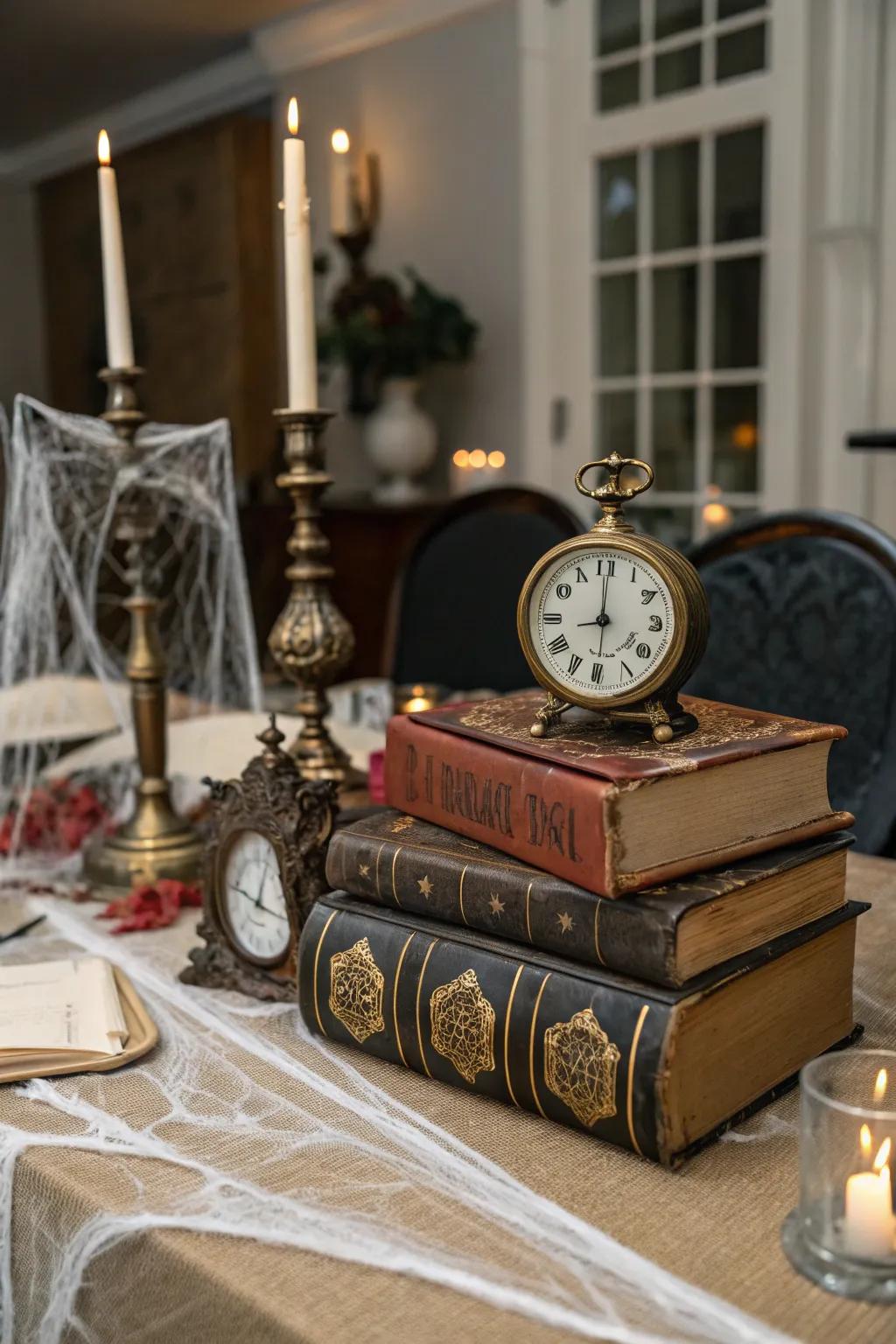 Vintage accents add depth and intrigue to the Halloween table.
