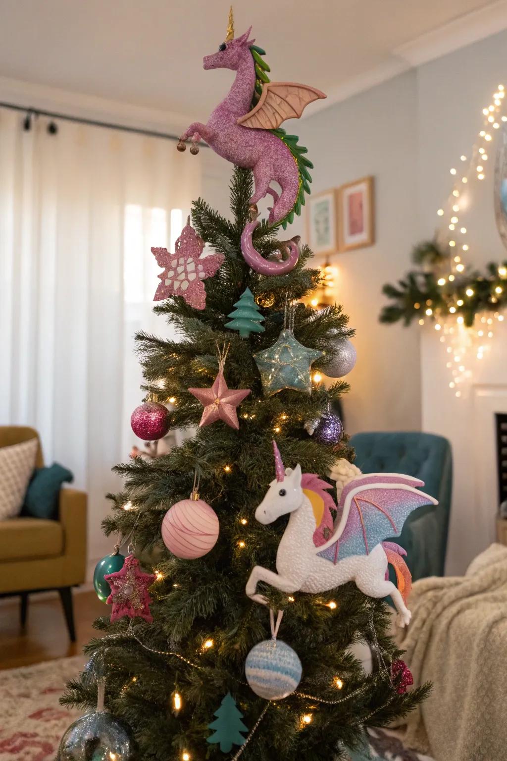 A fable-inspired Halloween tree featuring mythical beings.
