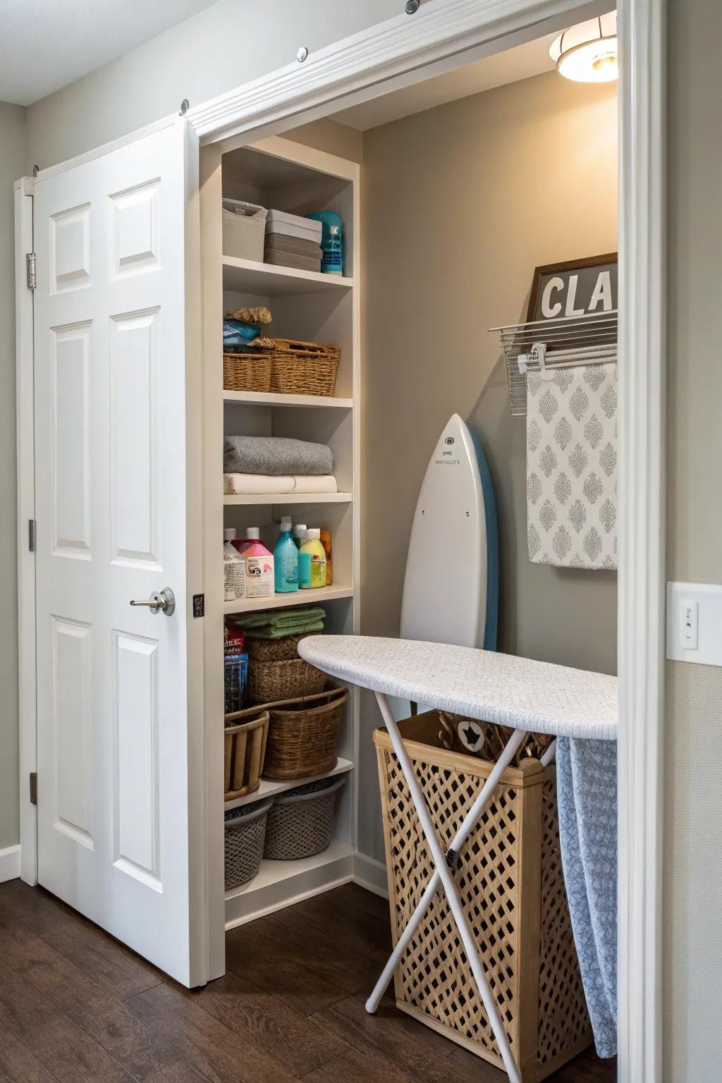 A hidden ironing board blends seamlessly into the area.