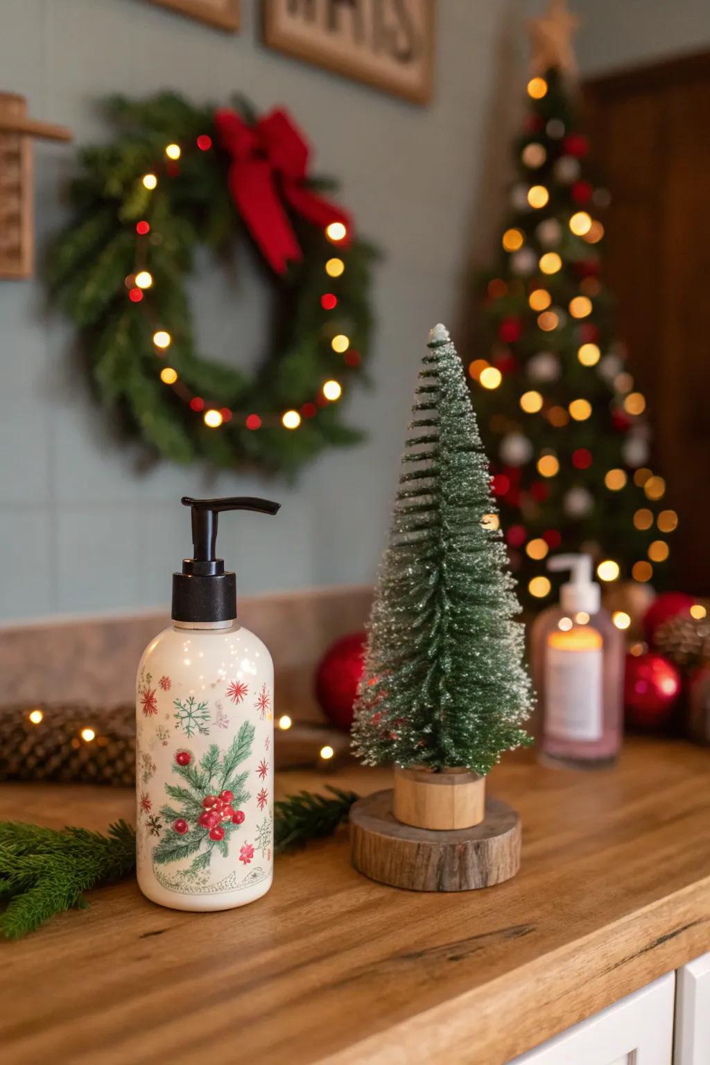 A festive detail using a miniature bottle brush tree