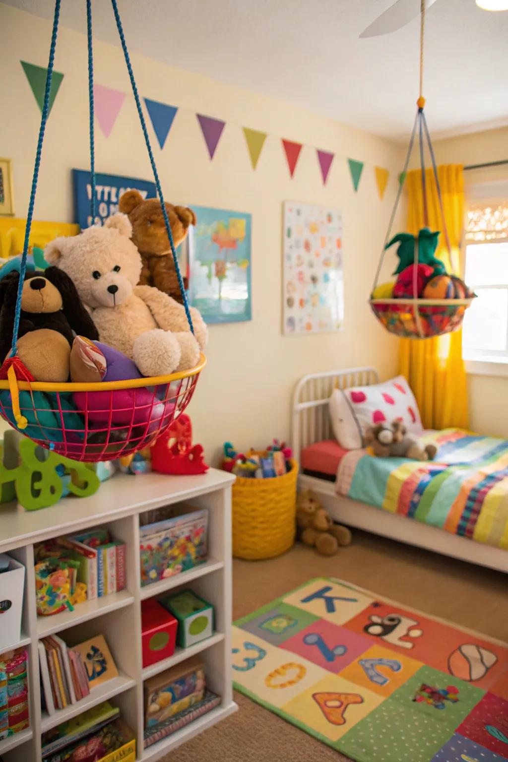 Tidy up play areas with hanging toy systems.