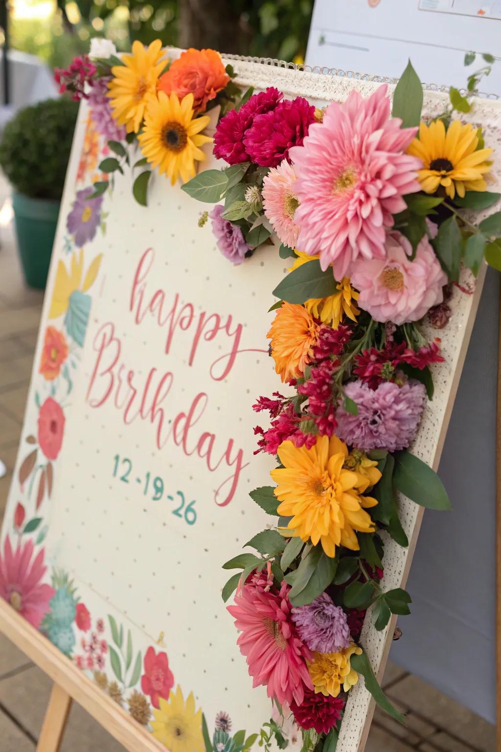 A vibrant bloom-themed birthday display that&rsquo;s full of blooming beauty.