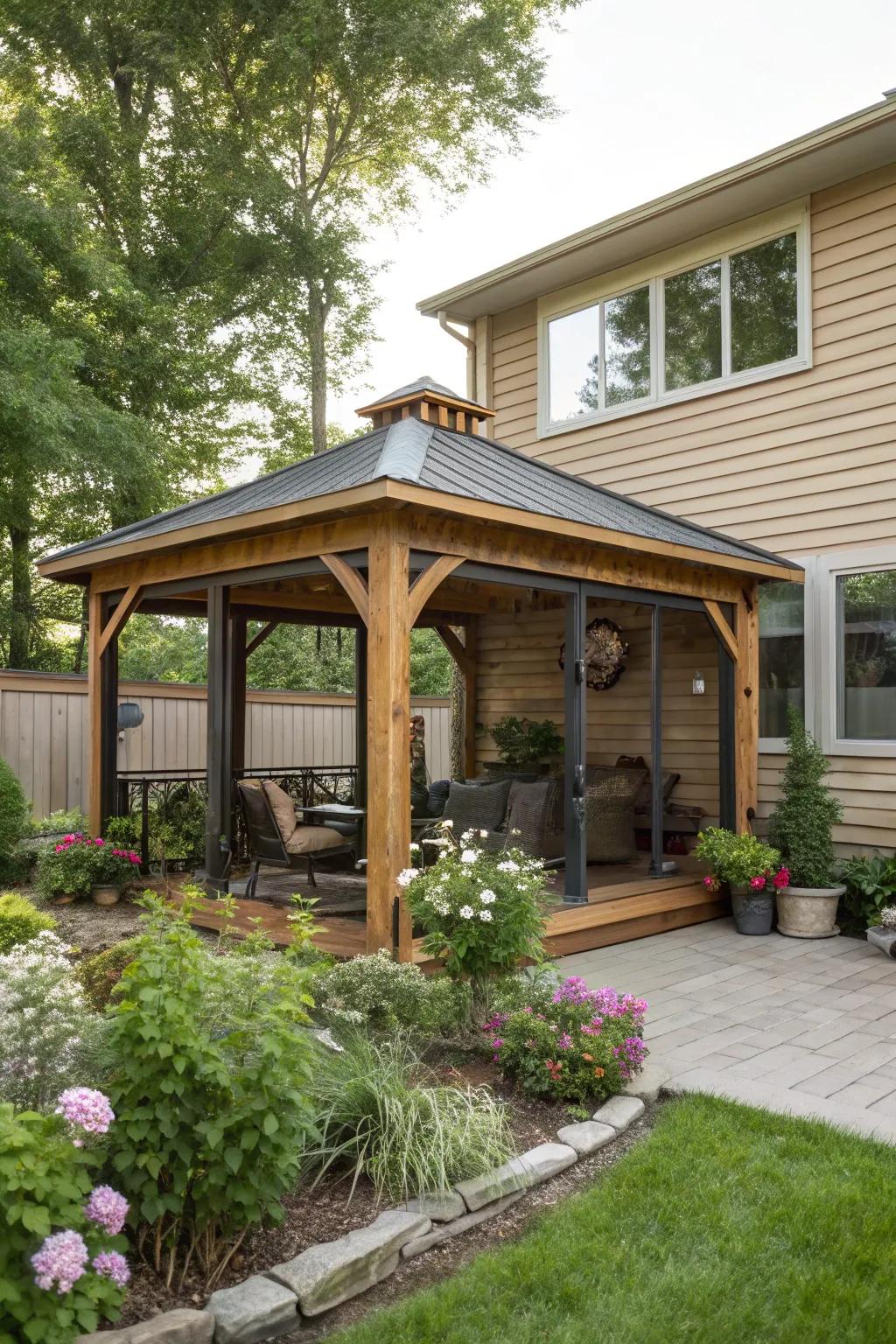 Effortlessly augment your dwelling with an attached gazebo.