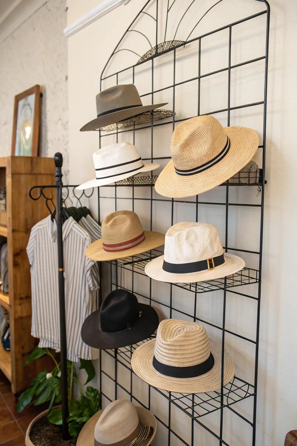 Wire frames provide a modern and airy display for hats.