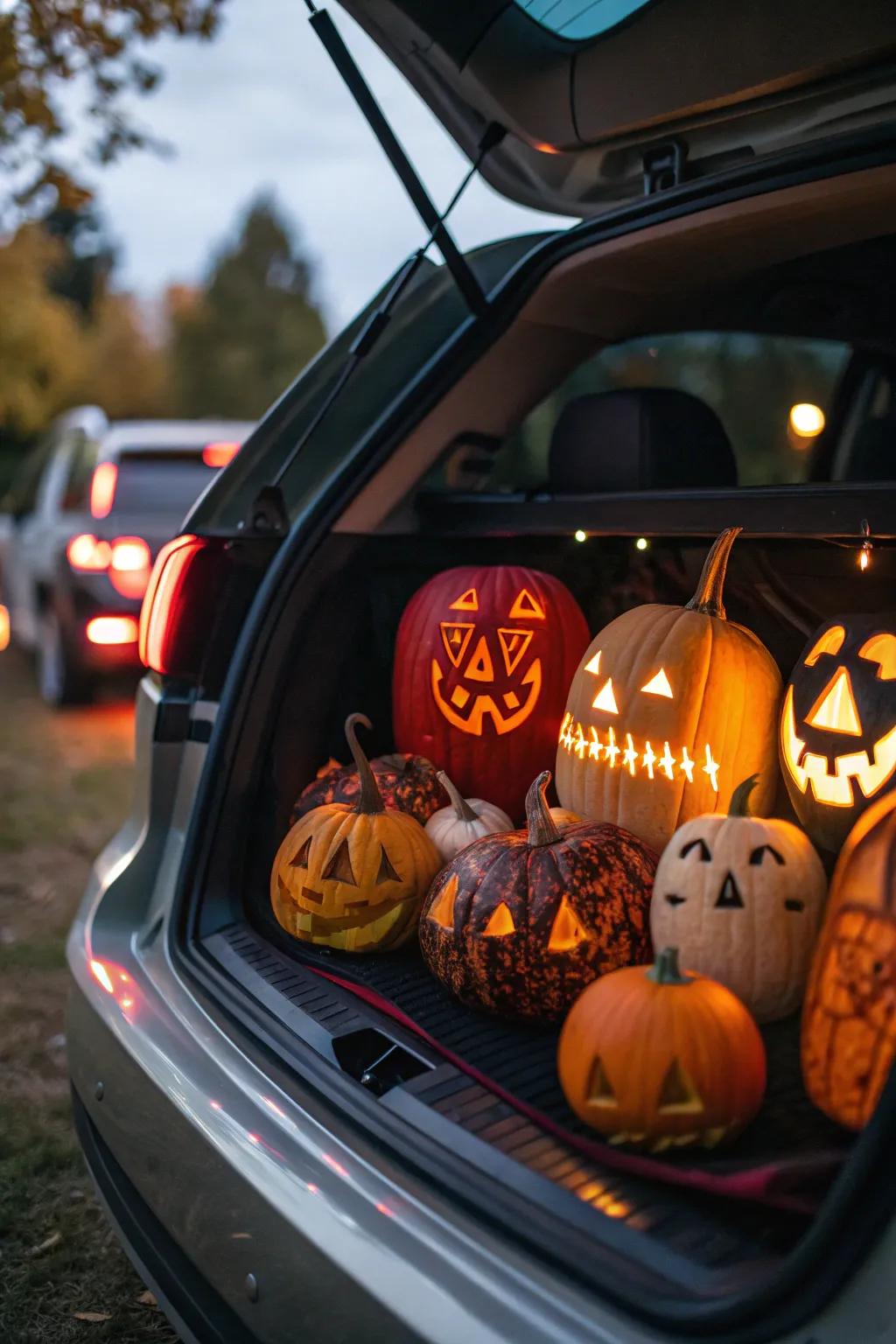 Make a archetypal pumpkin display using carved faces and inventive illumination.