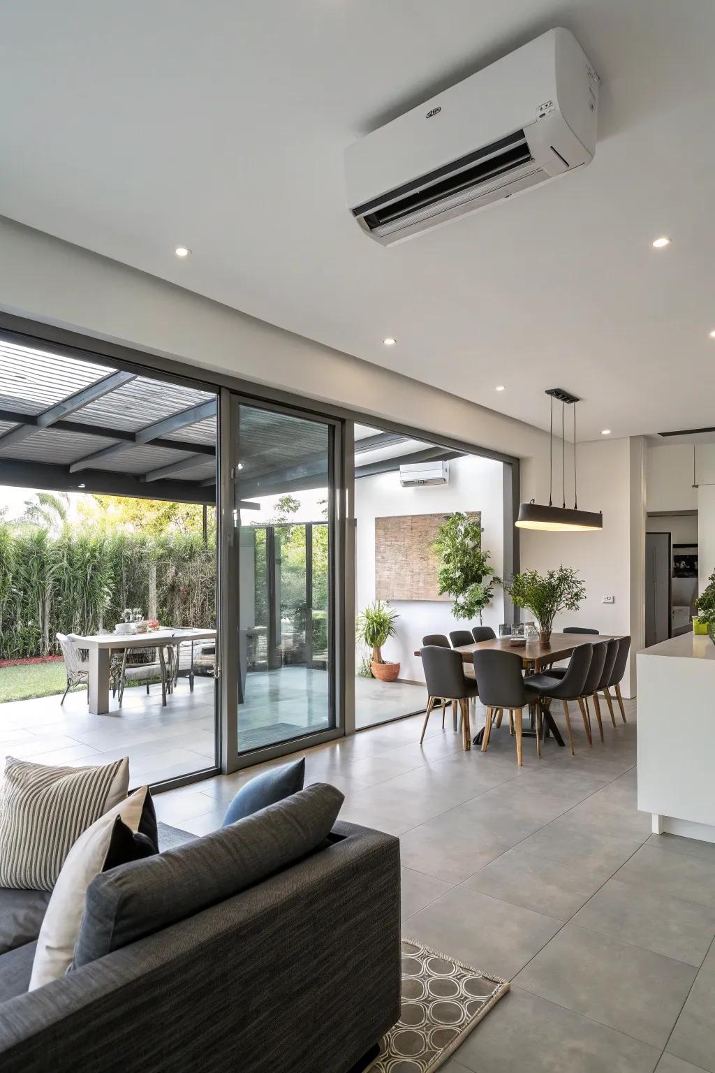 A modern, open-concept living space featuring a split-system air handler for effective heating and cooling.