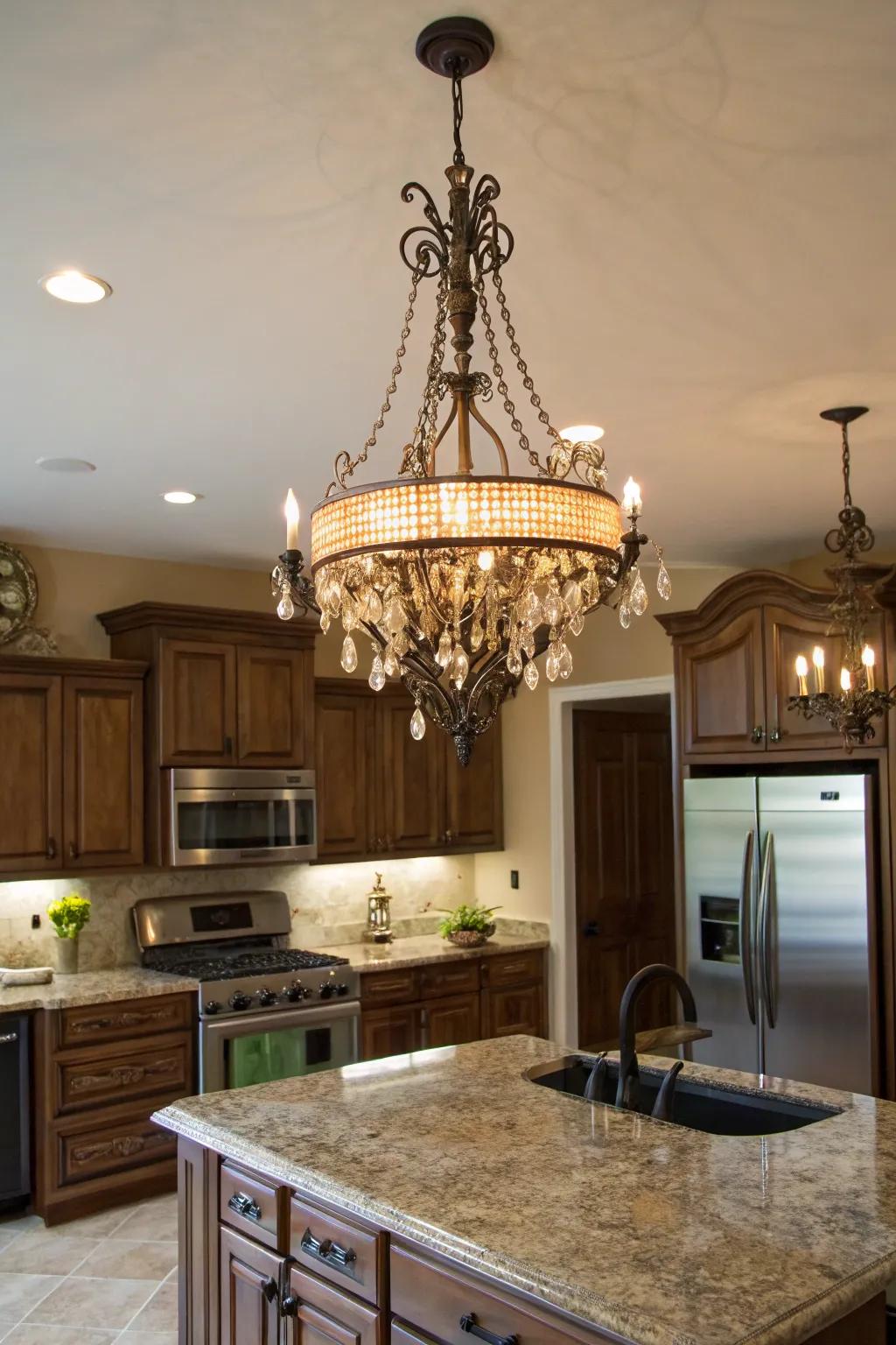 In the cooking area, statement lighting makes a striking point of focus.