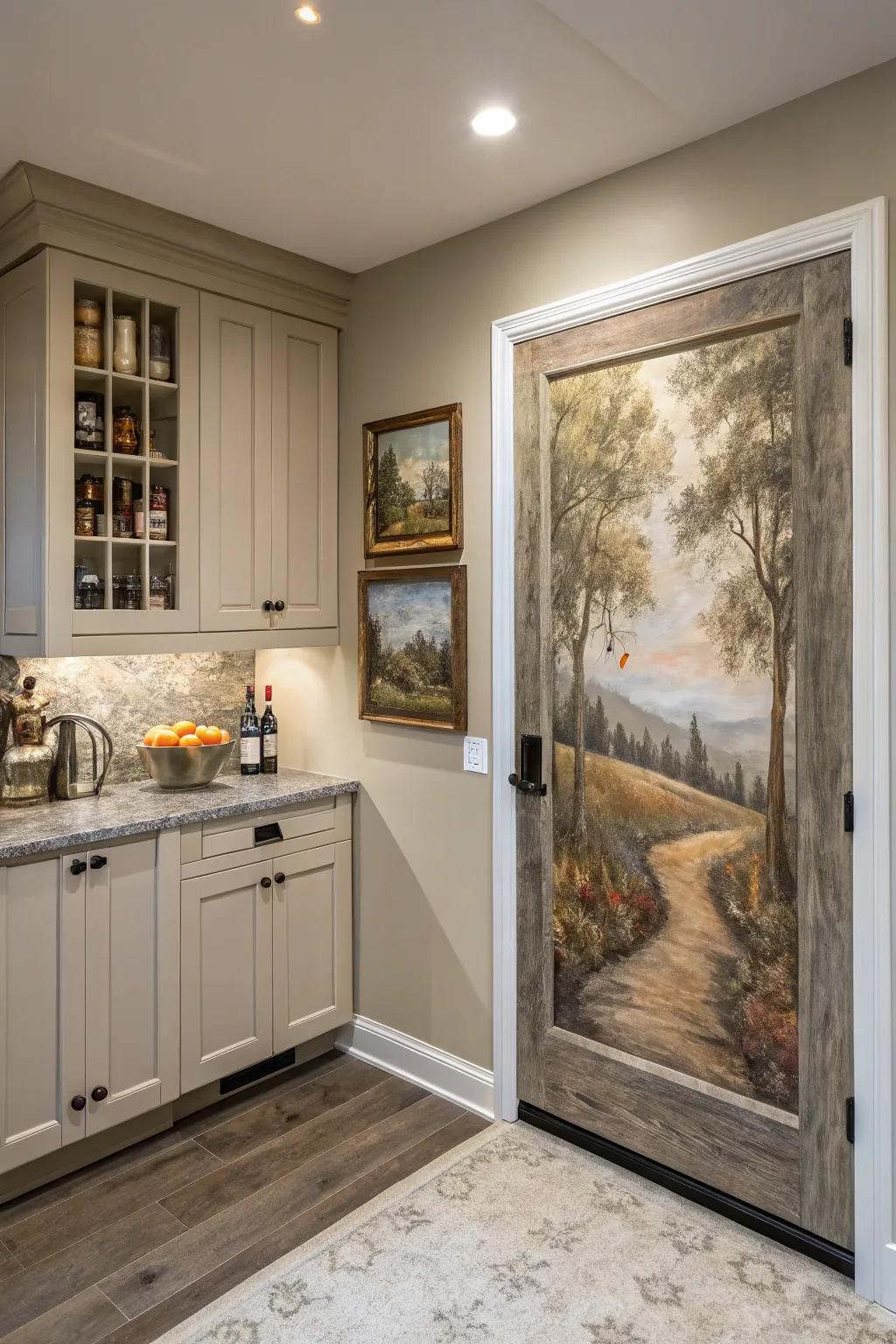 A secret pantry cleverly disguised as artwork within a cooking area setting.