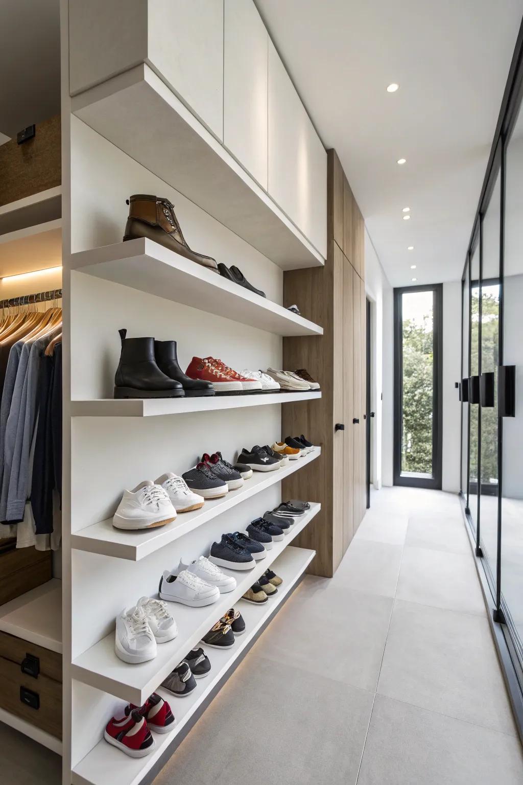 Floating footwear shelves provide a minimalist and attractive storage option.
