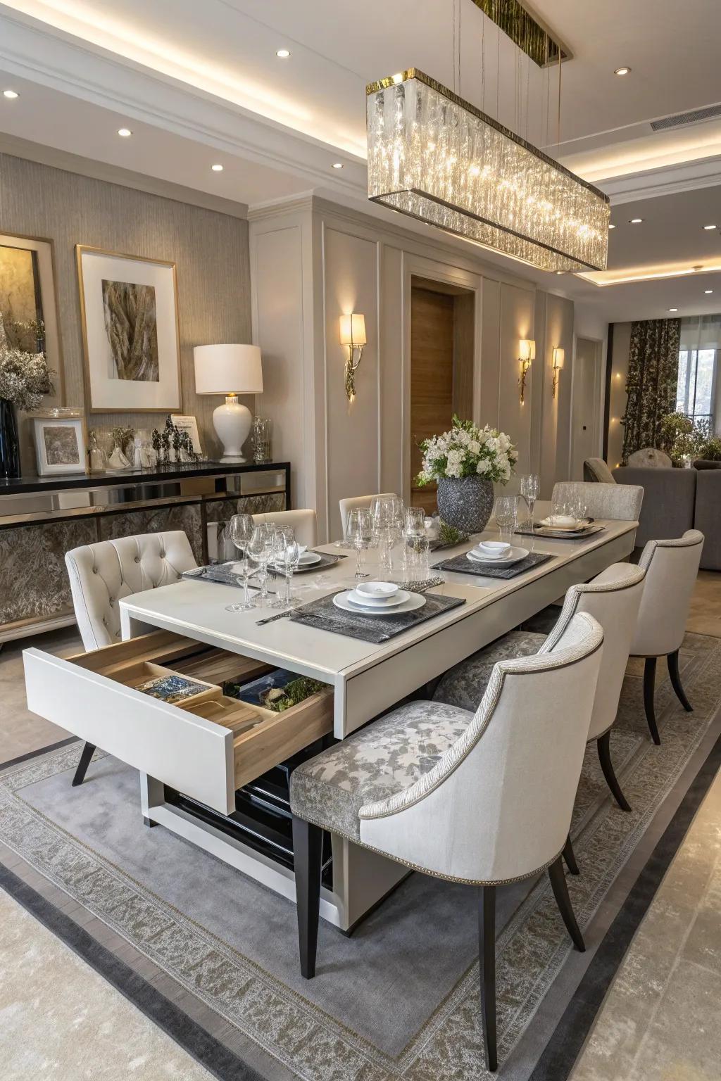 Adaptable dining table with concealed storage