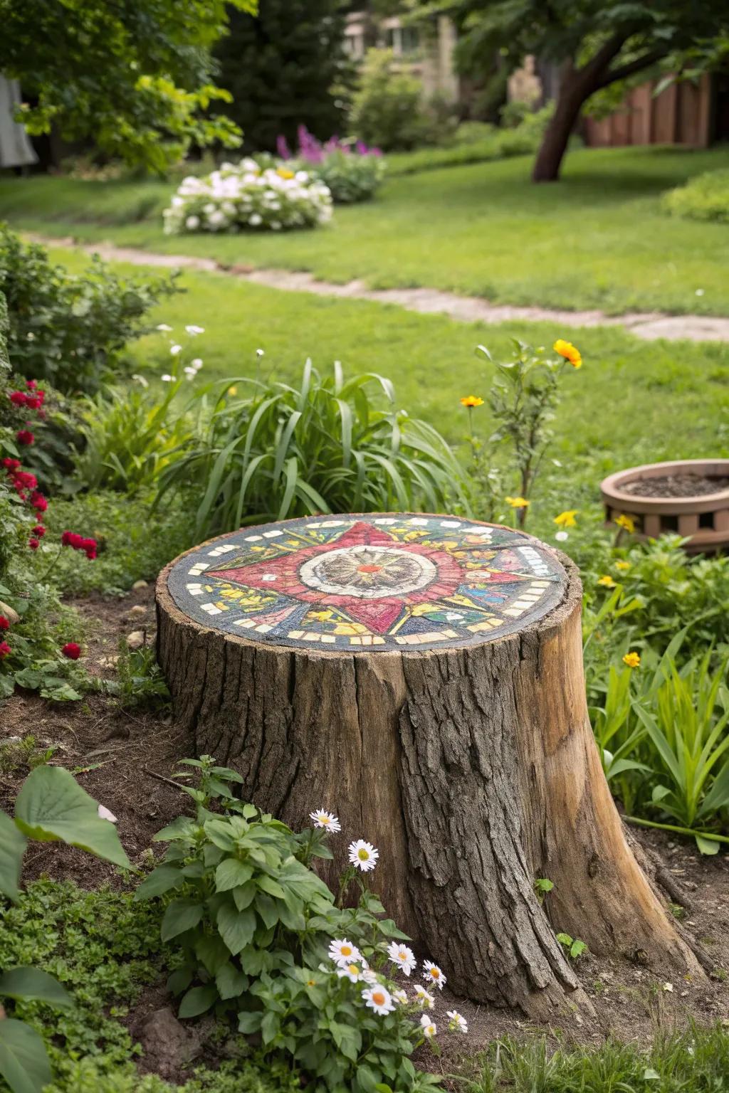 A vibrant tile arrangement transforms a tree stump into a work of art.