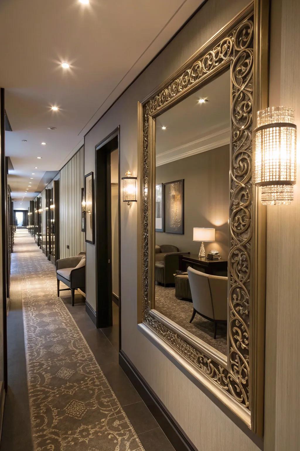 An ornamental reflector introducing both dimension and luminance to the hallway.