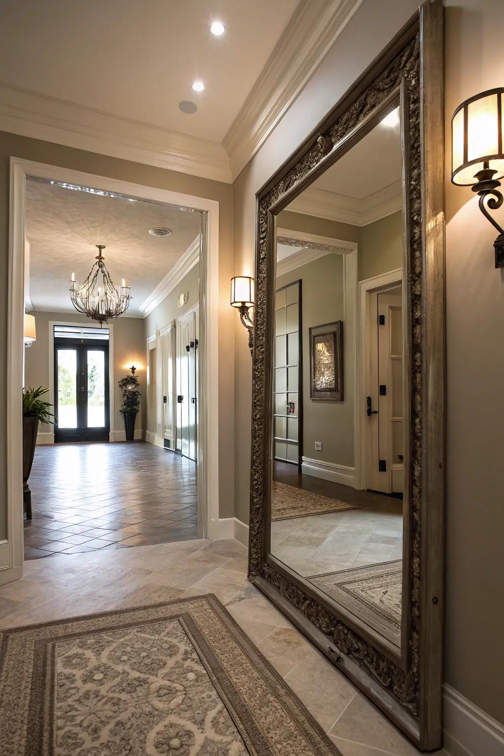 An entryway enhanced by a large, light-reflecting mirror.