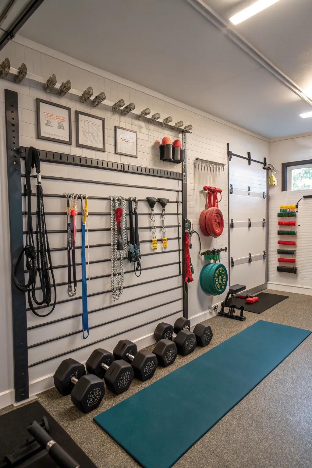 Magnetic strips provide a unique option for organizing small gym accessories.