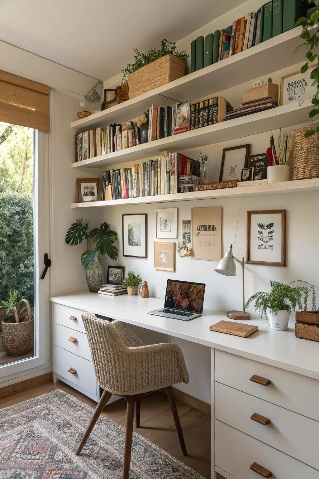 Open shelving provides both functionality and style in a home office.