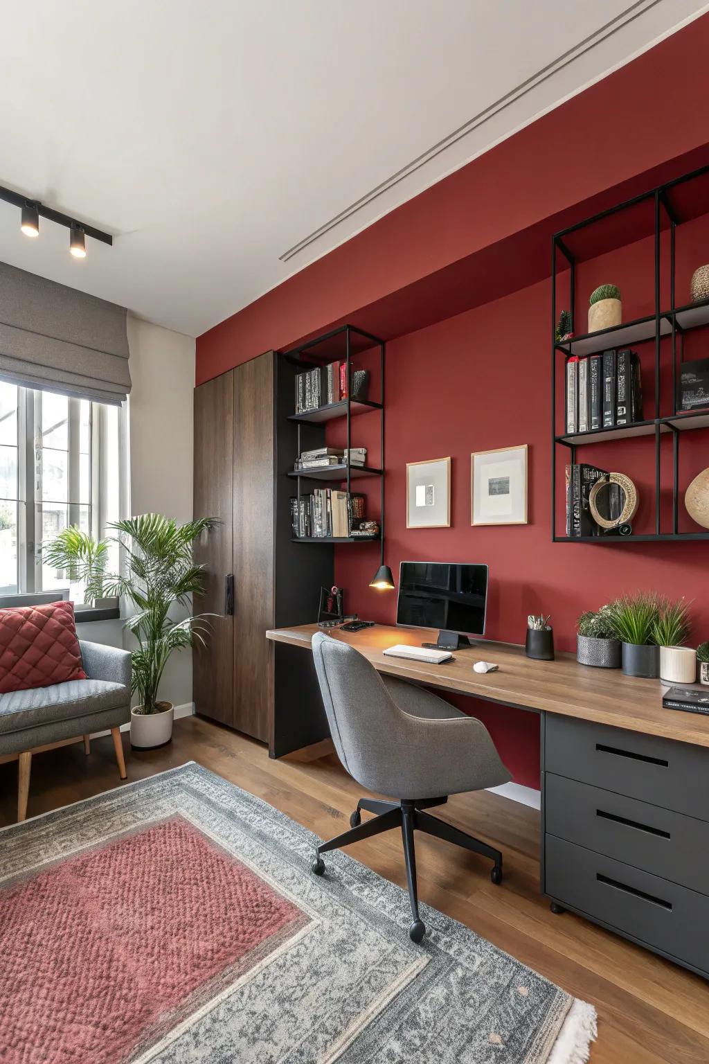 Crimson walls energize and invigorate this dynamic personal office.