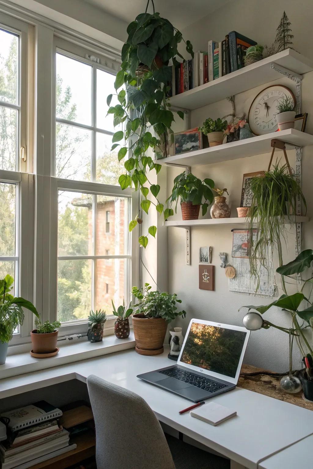 Window shelves blend illumination and storing seamlessly.