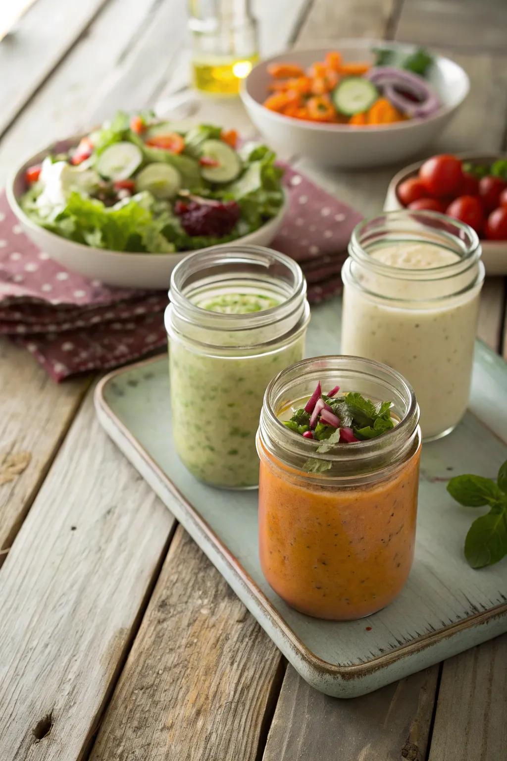 Charming mason jars for serving salad dressings.