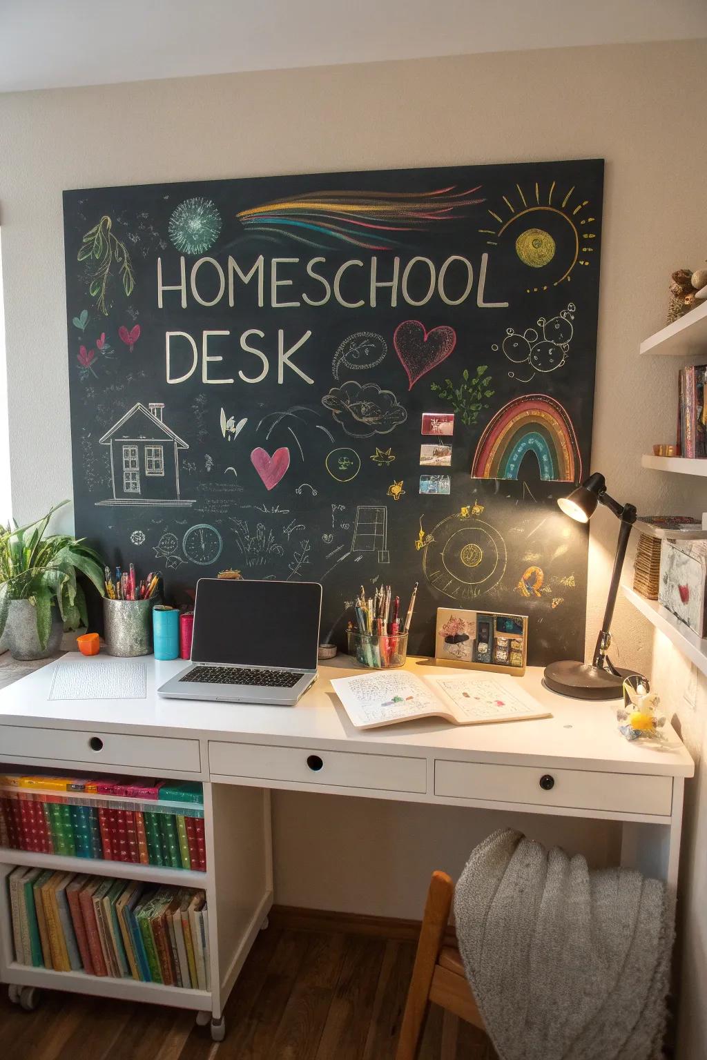A chalkboard promotes learning and creativity.