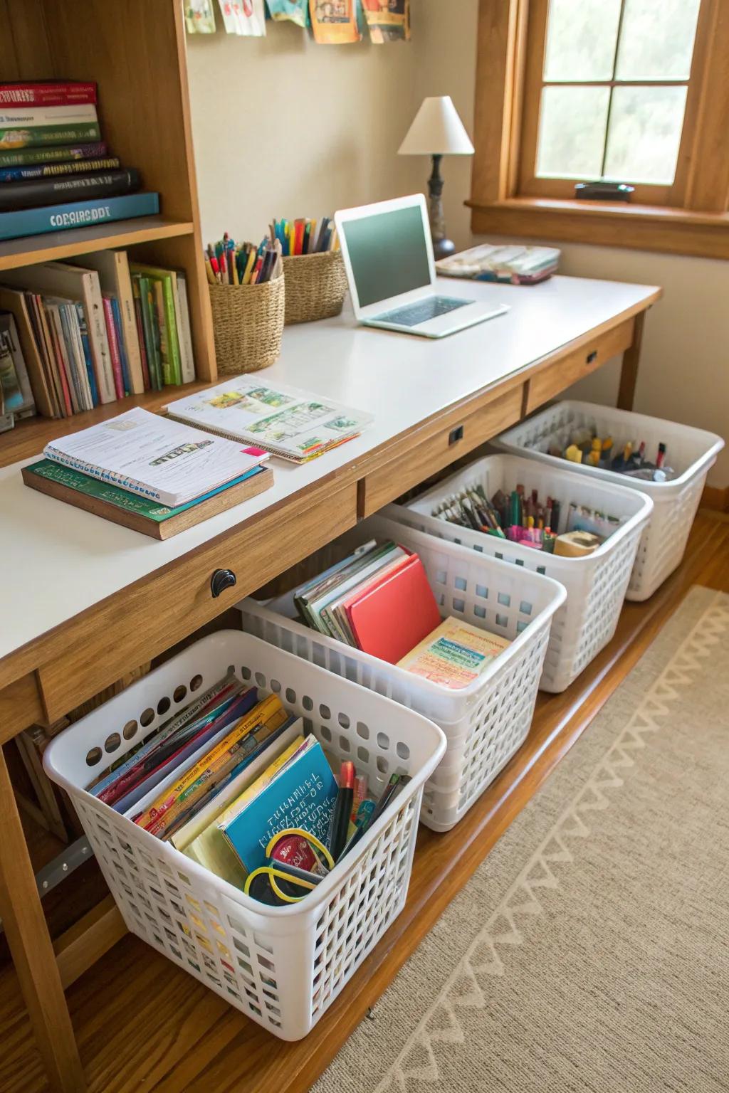 Under-table organizers make the most of available space while maintaining supplies hidden but easily accessible.