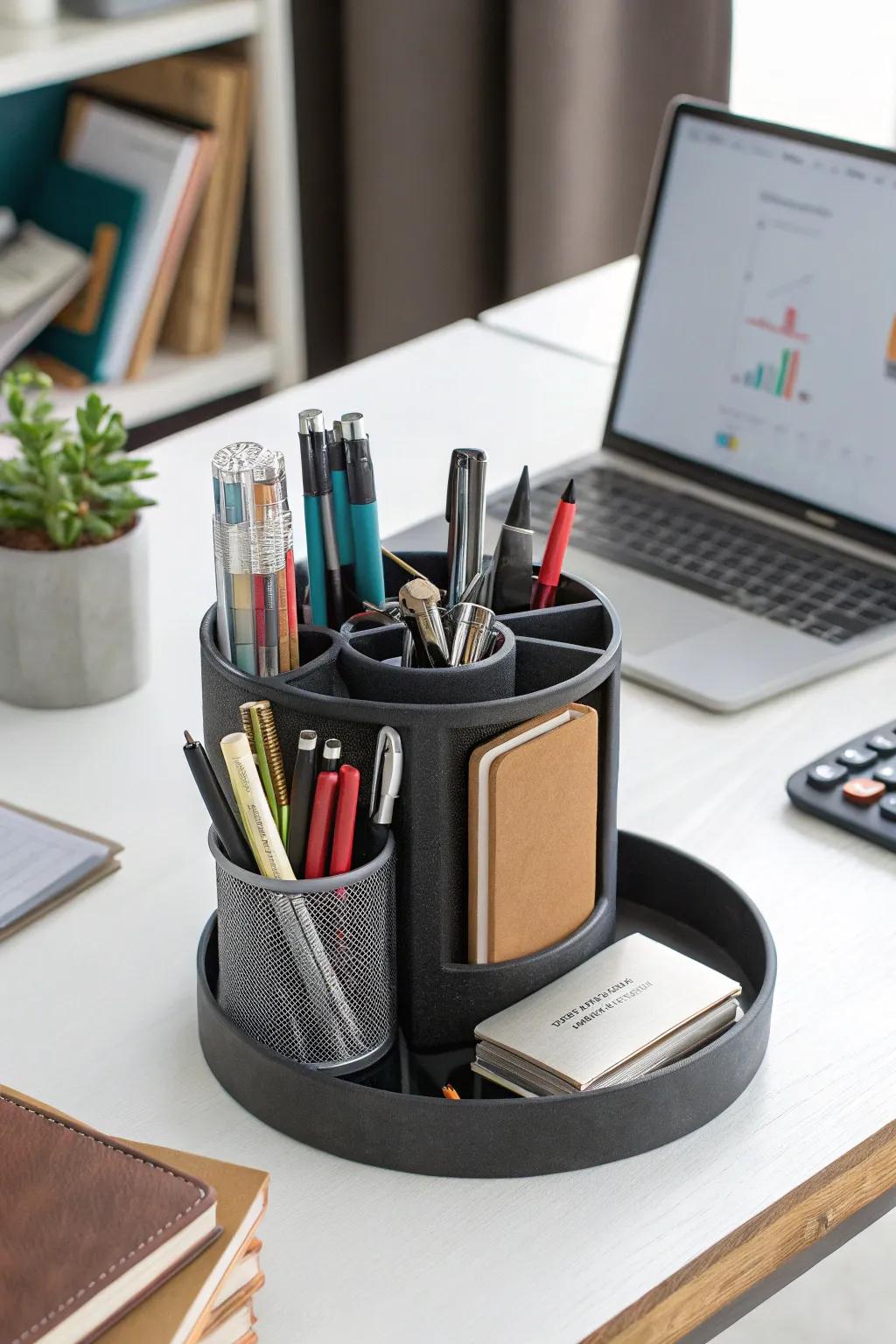 A spinning organizer keeps supplies easily accessible.