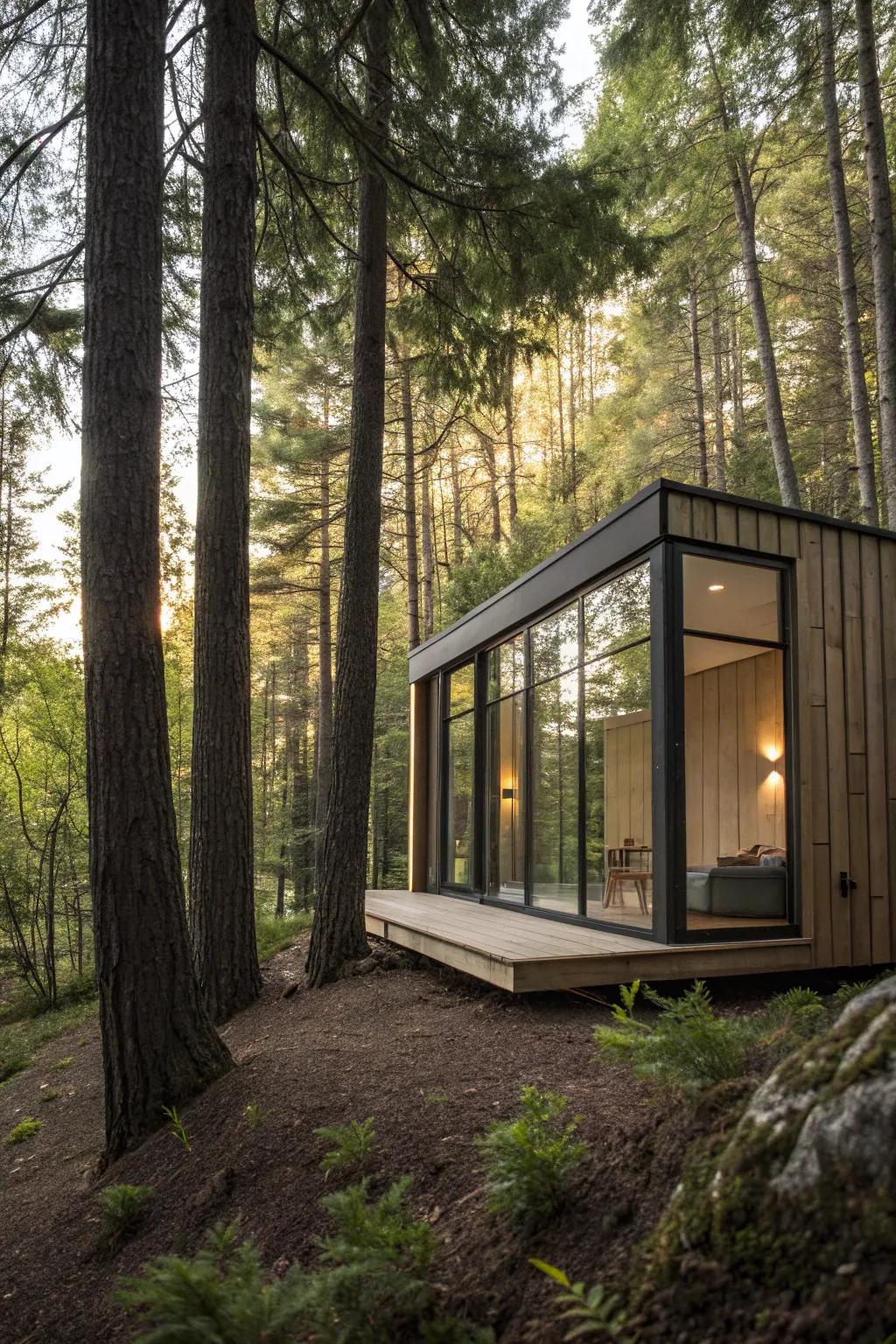 A minimalist enclosure providing a simple yet stylish forest retreat.