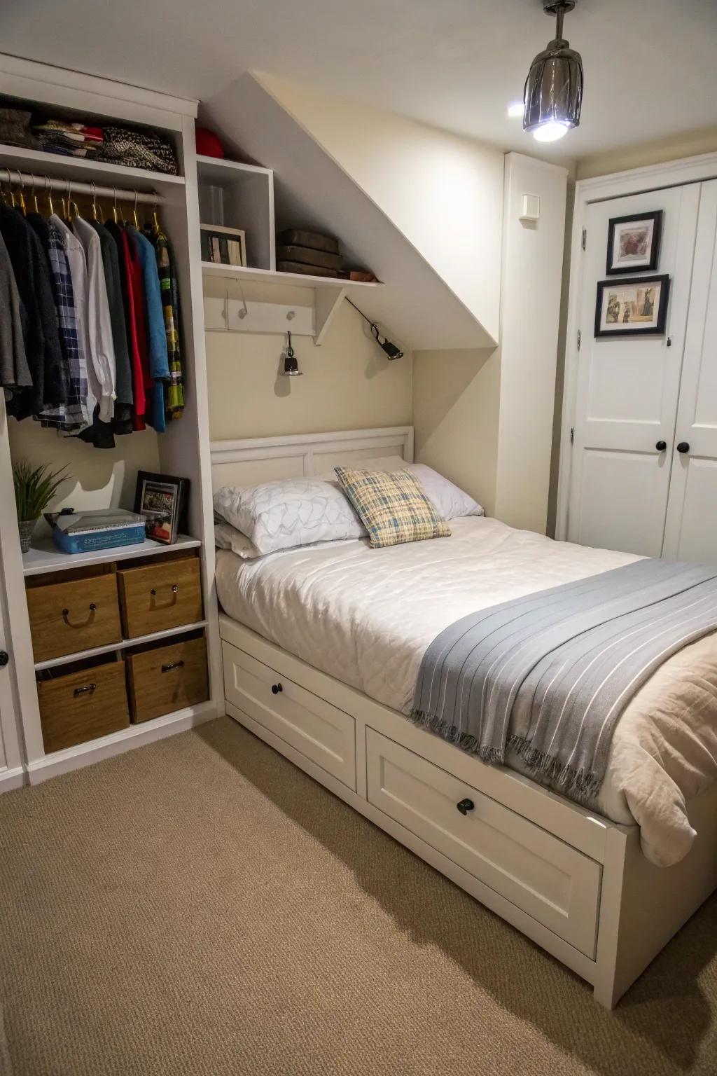 Hidden storage beneath the bed preserves this petite bedroom's orderly and clutter-free condition.