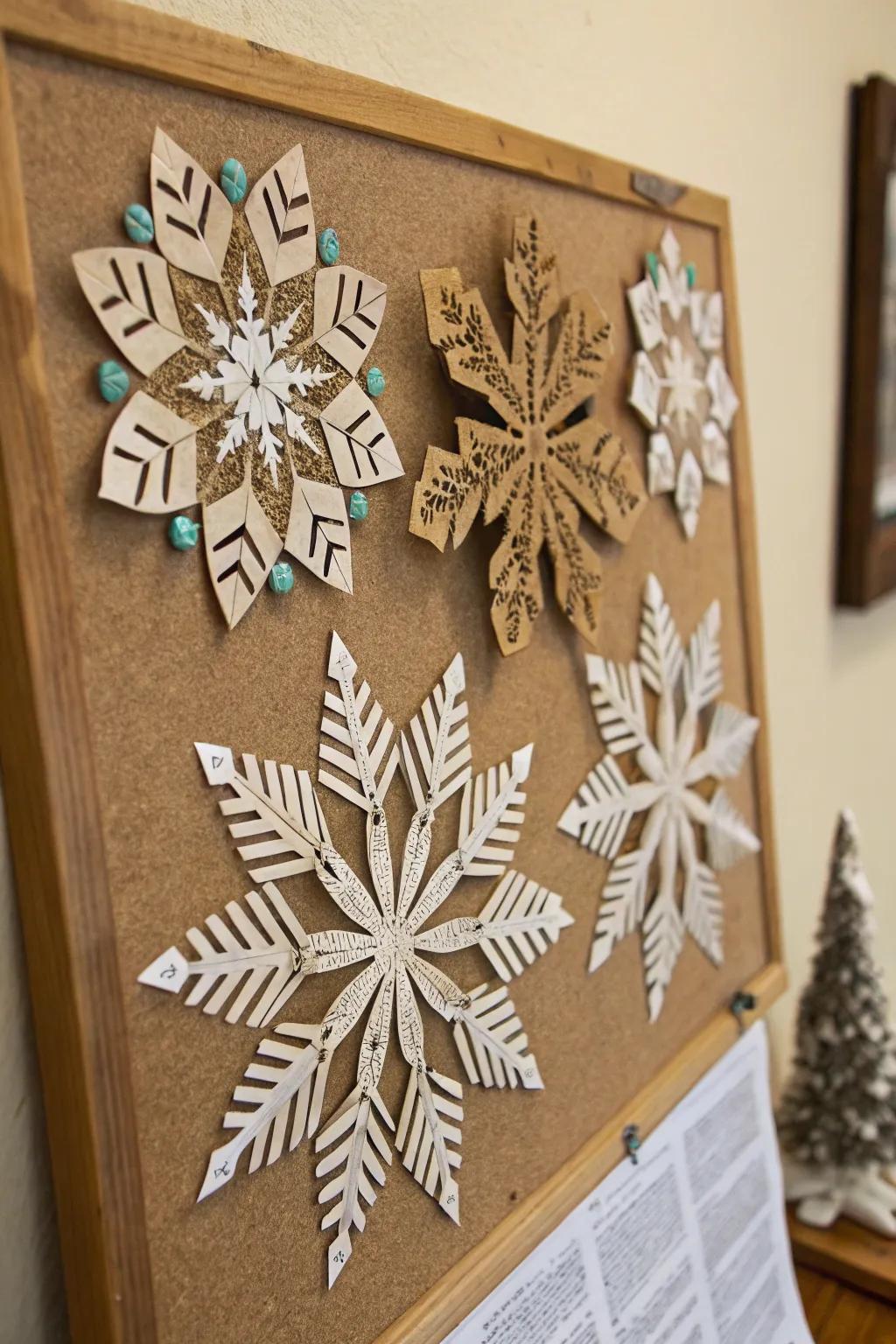 Reclaimed materials impart an eco-conscious twist to snowflake artistry.