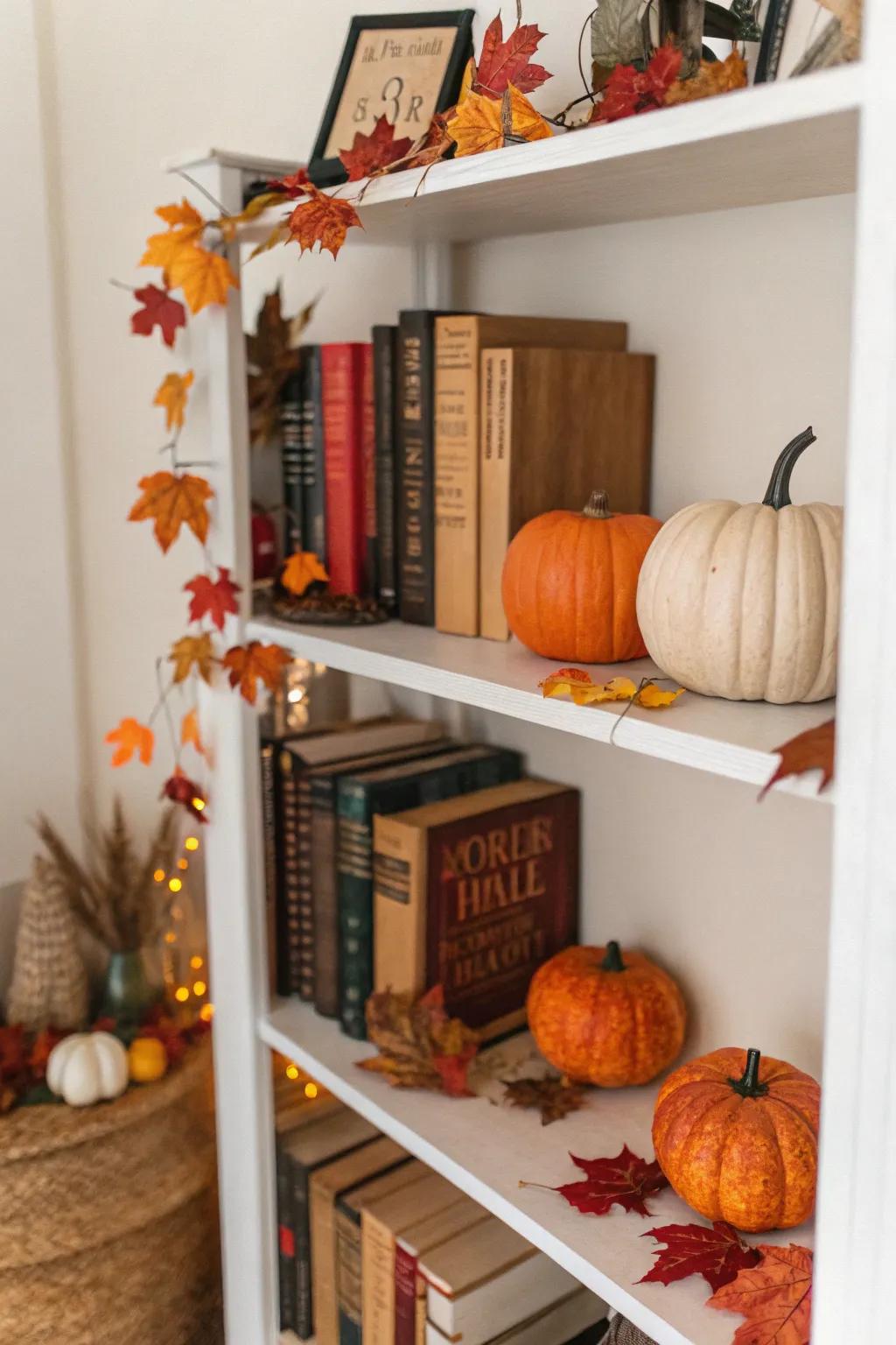 A bookshelf exhibiting seasonal ornamentation appropriate for autumn.