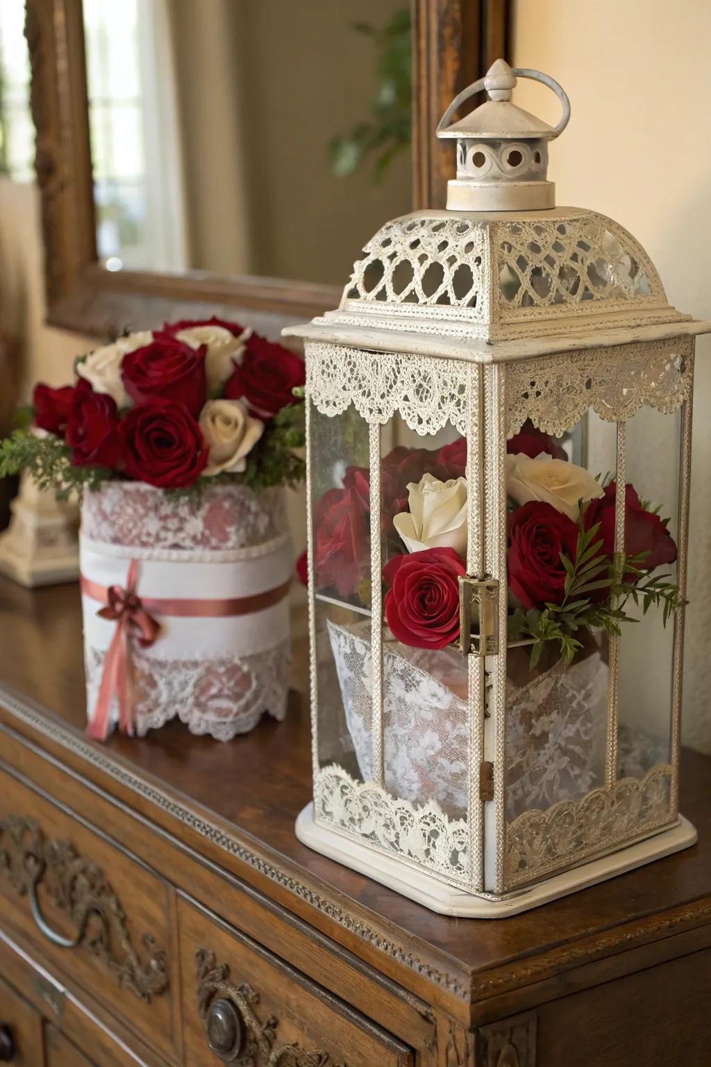 Romantic classic lantern with lace and roses.