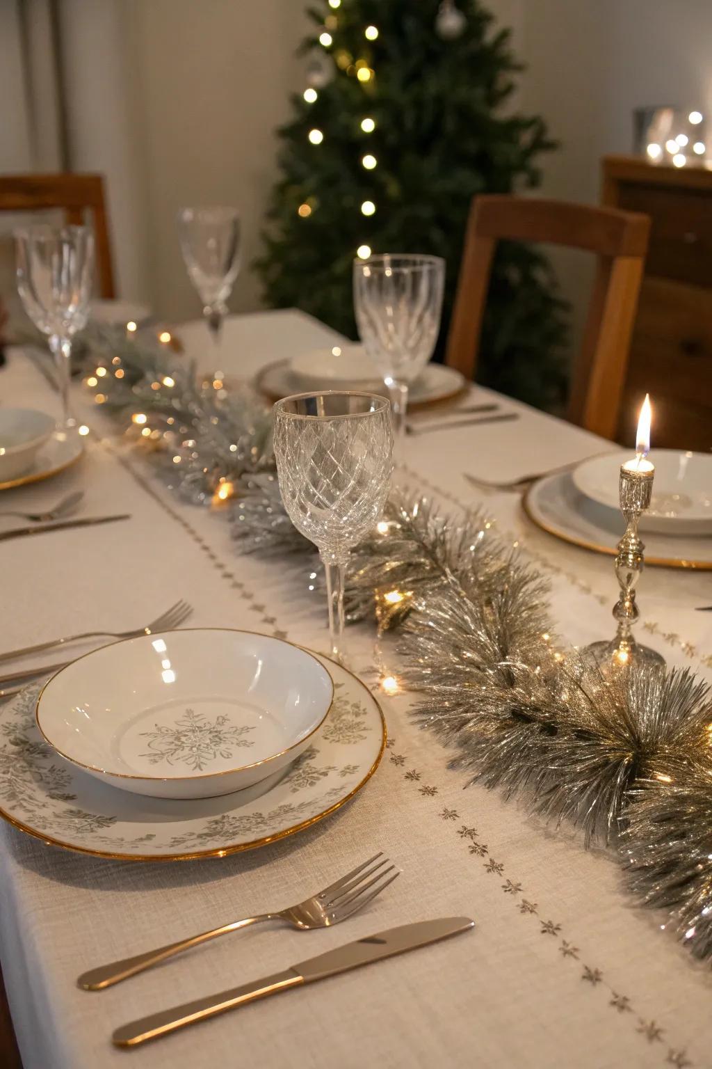 A dining surface showcasing a shimmering glittery strands runner.