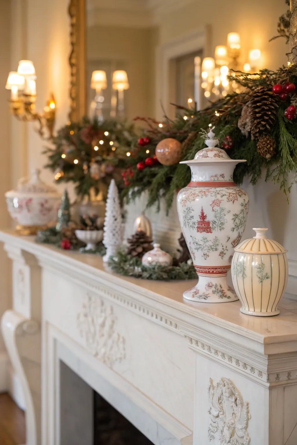 A chimney creatively decorated with china and seasonal elements.