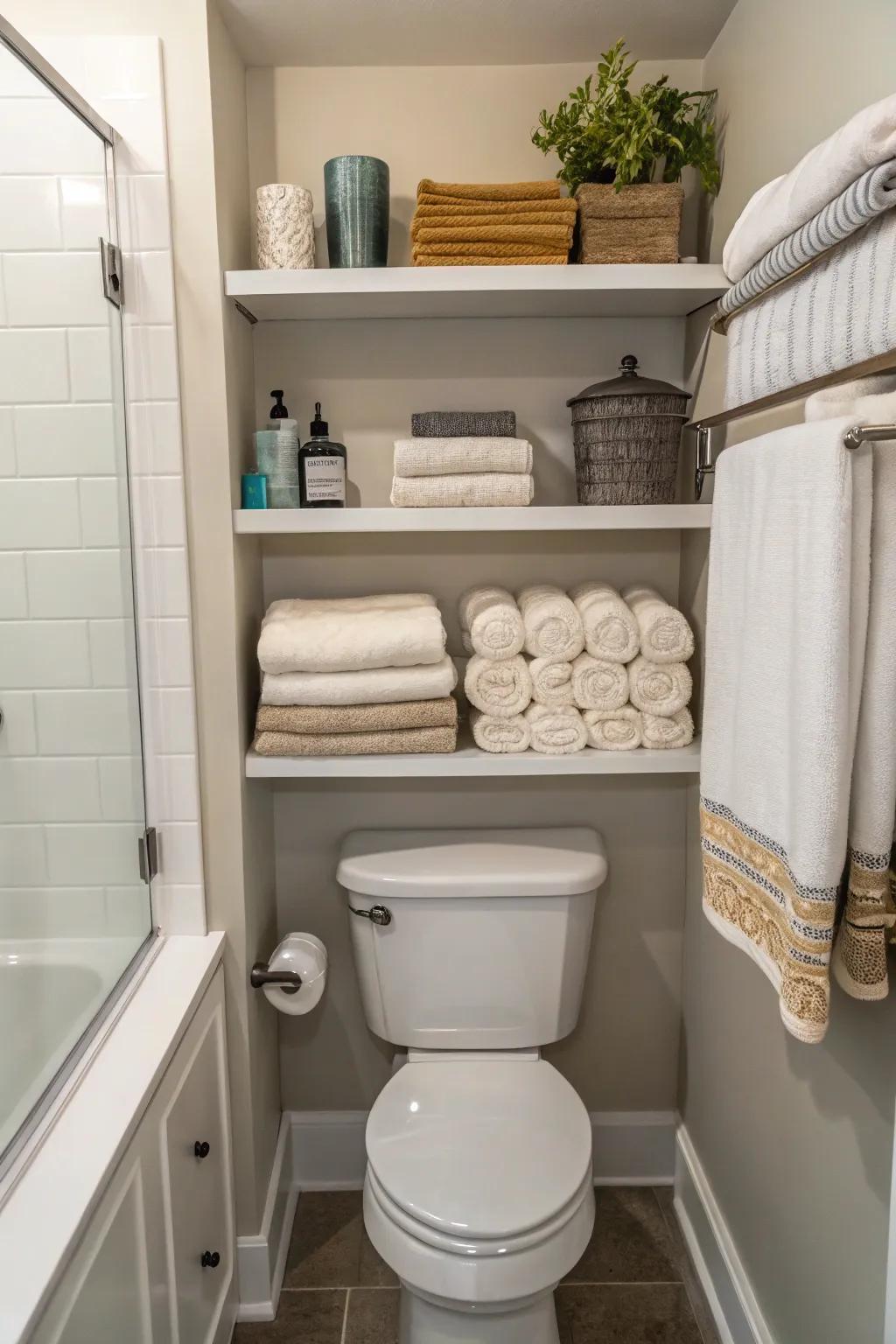 Shelves above the toilet make the most of vertical space for towels.