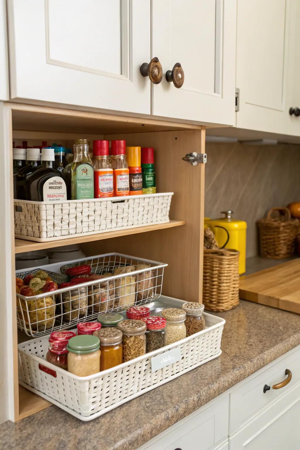 Under-shelf baskets add layers of storage.