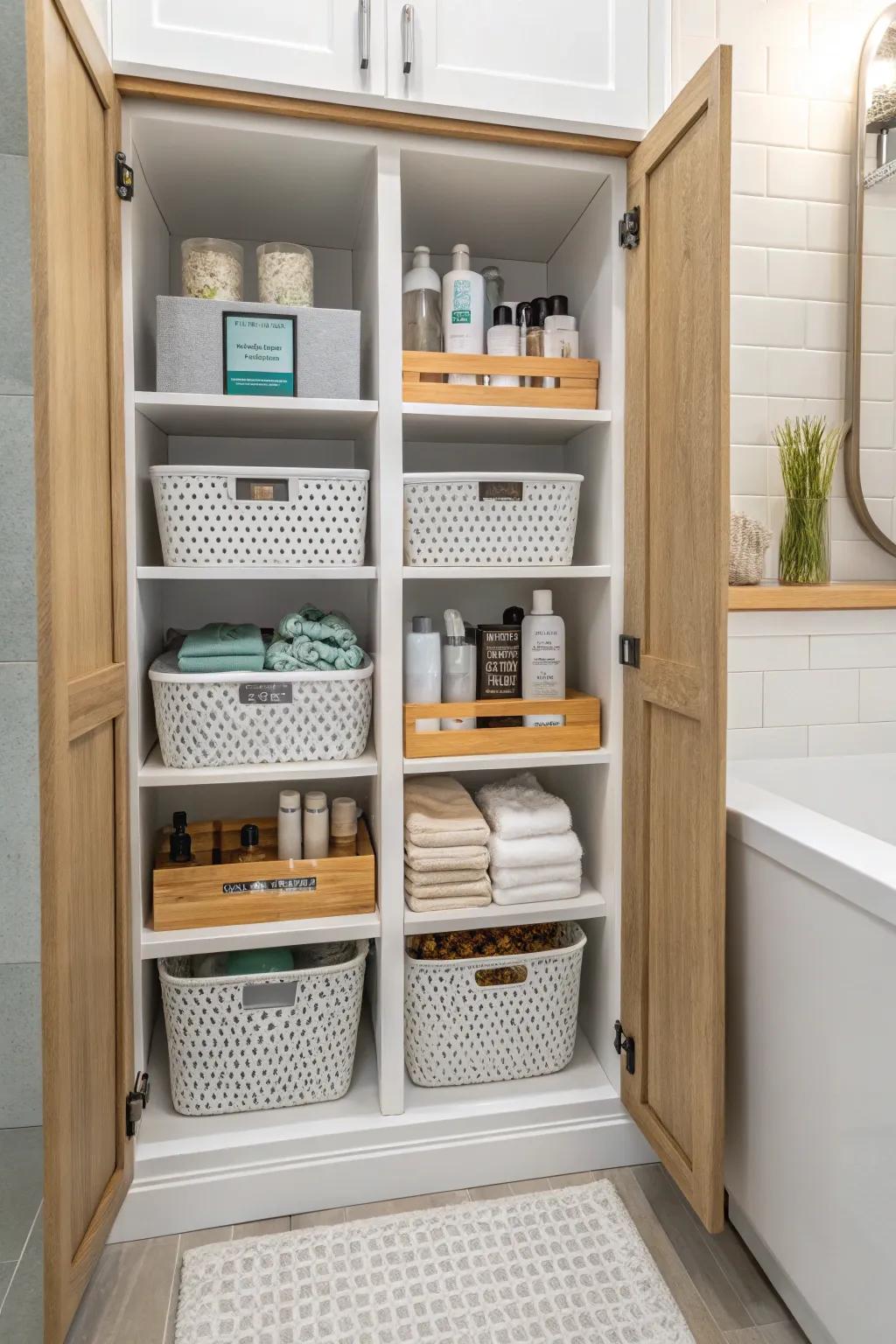 Modular shelving unit inside a cabinet, offering flexible storage solutions.