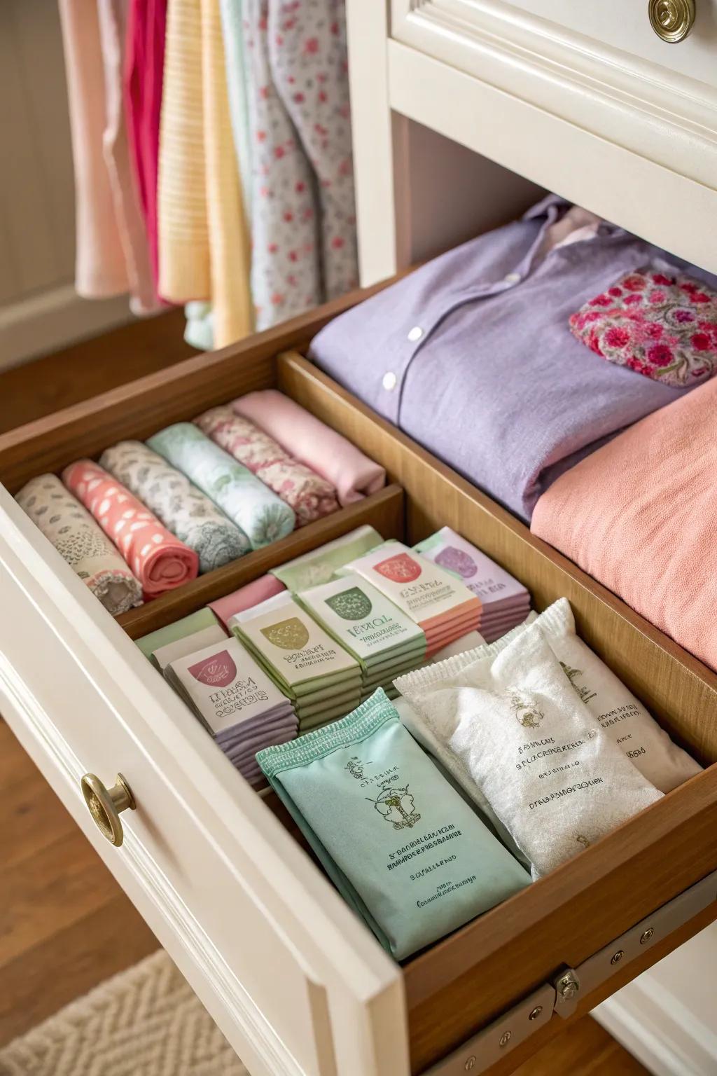 Appending scented sachets for a pleasant fragrance inside arranged drawers.