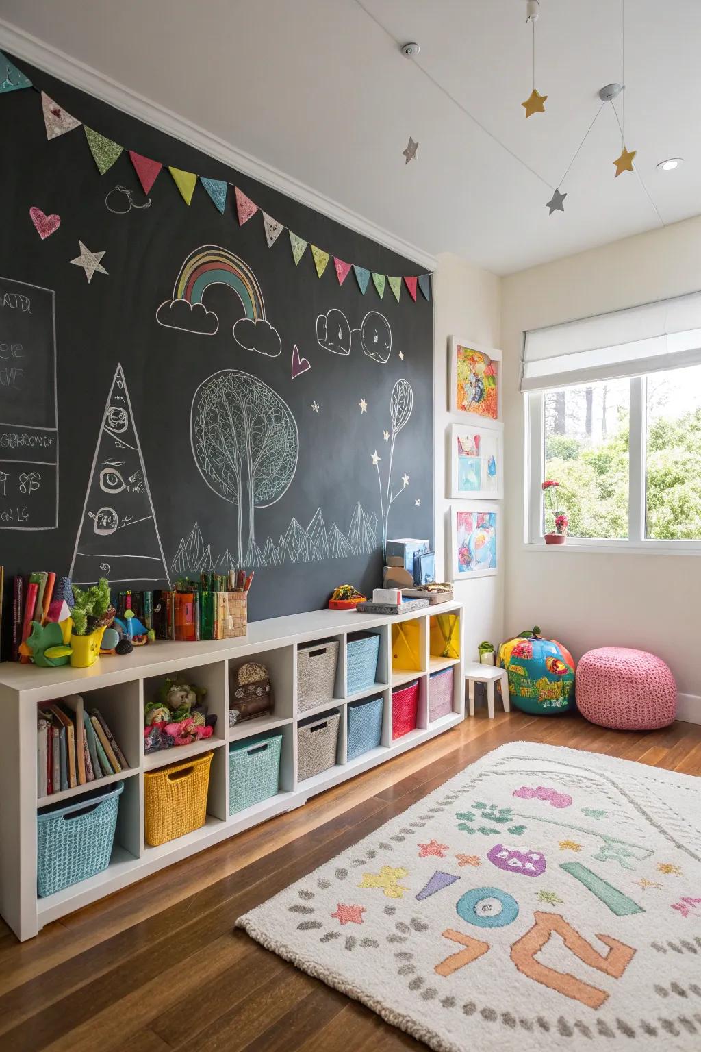 A chalkboard wall helps creativity and lowers paper mess.