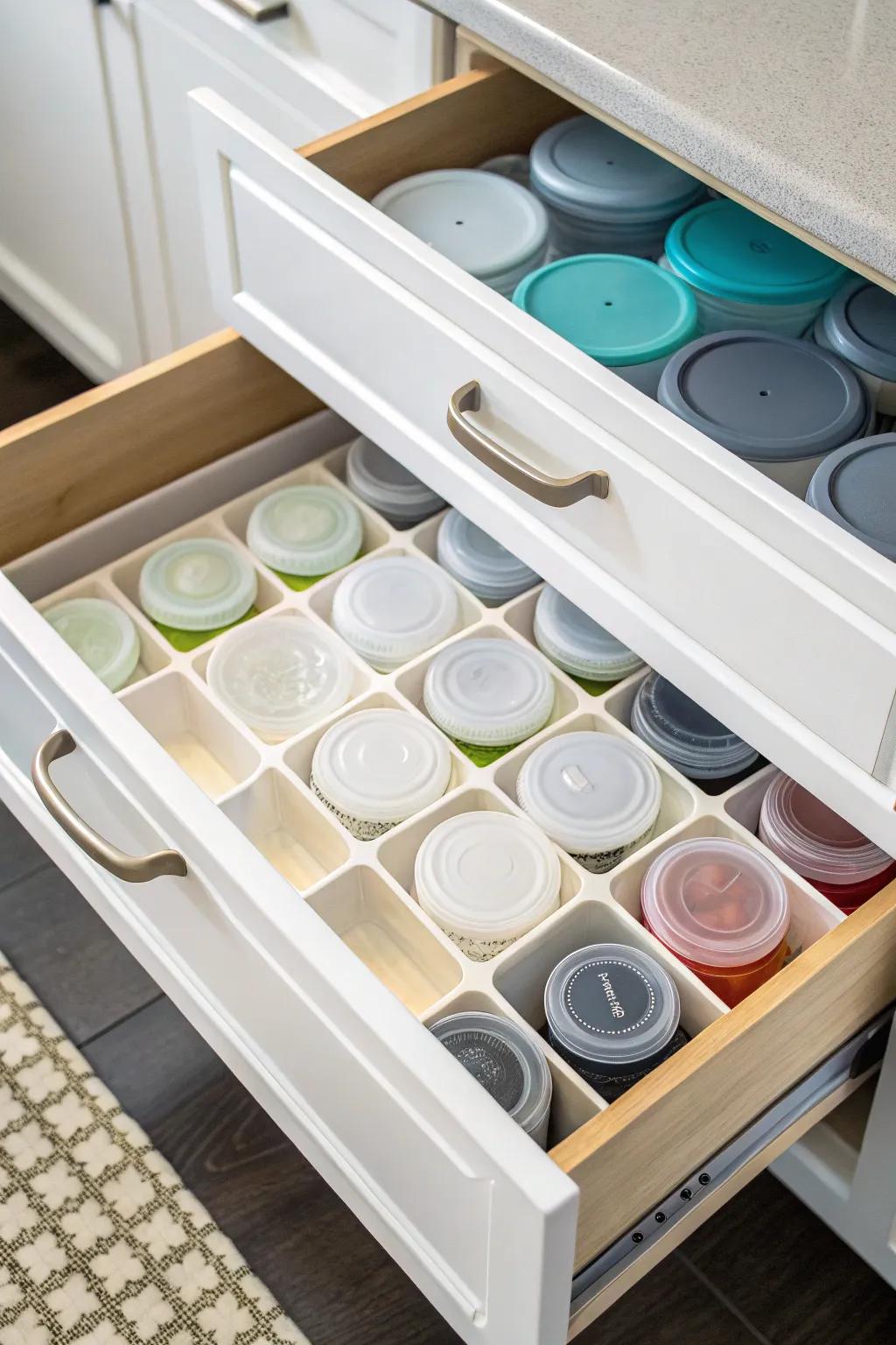 Drawer showcasing dividers to keep plastic containers and lids neatly organized.