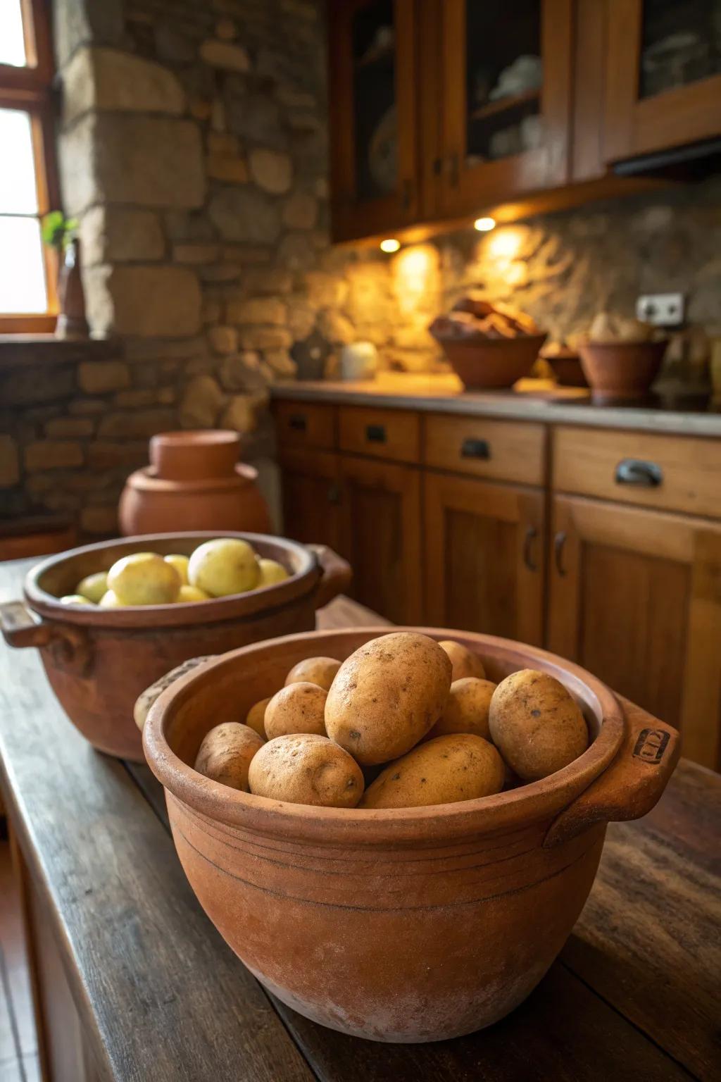 Charming rustic appeal using clay pots for potato storage.