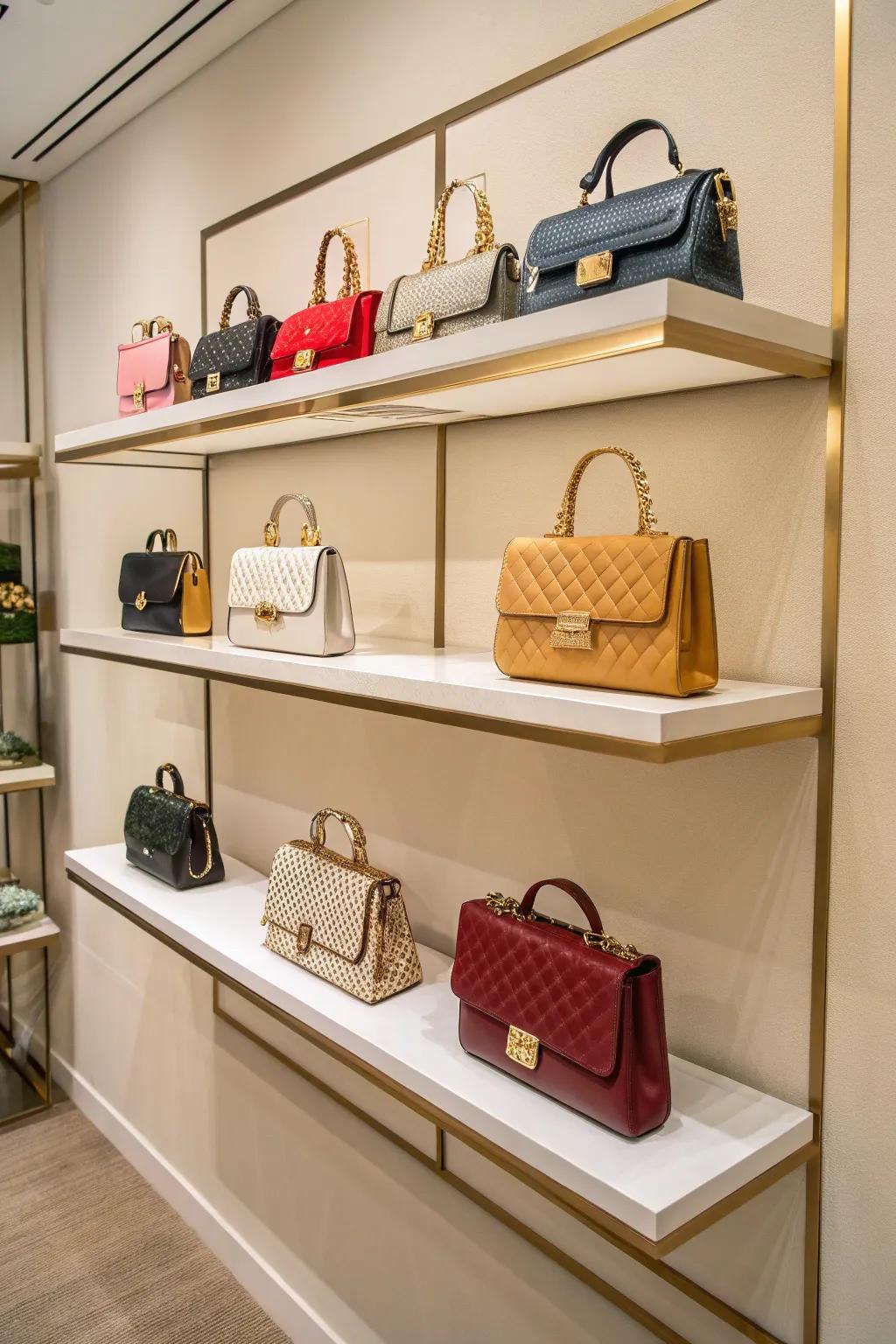 Floating shelves elegantly displaying handbags in a modern setting.