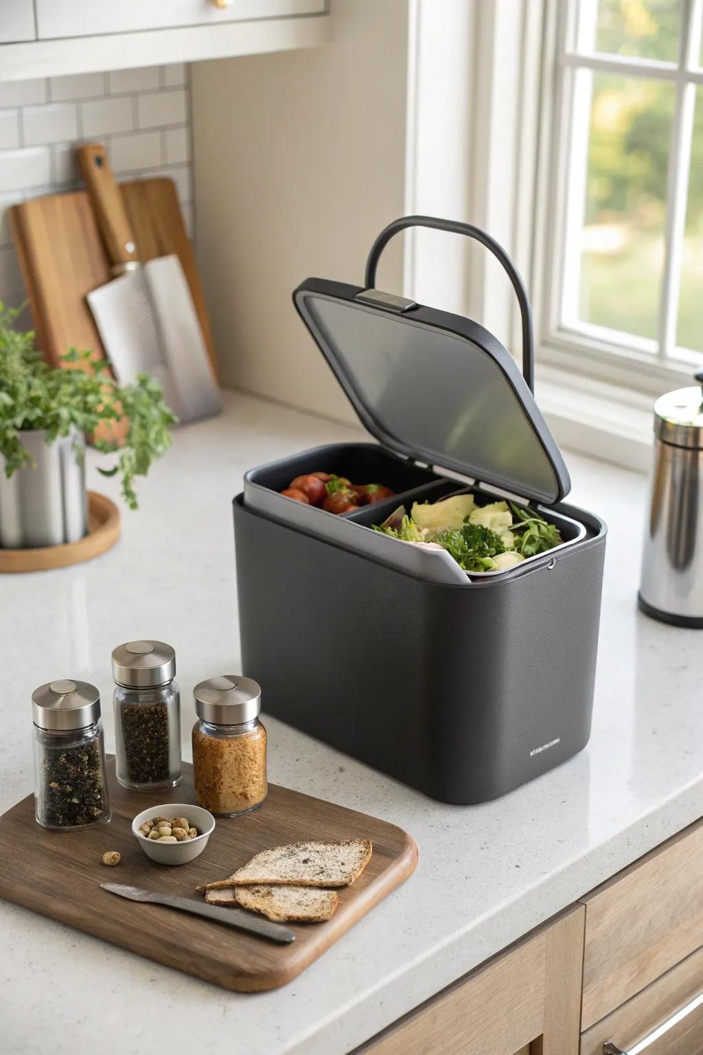 A chic kitchen container is perfect for collecting compost scraps on the countertop.