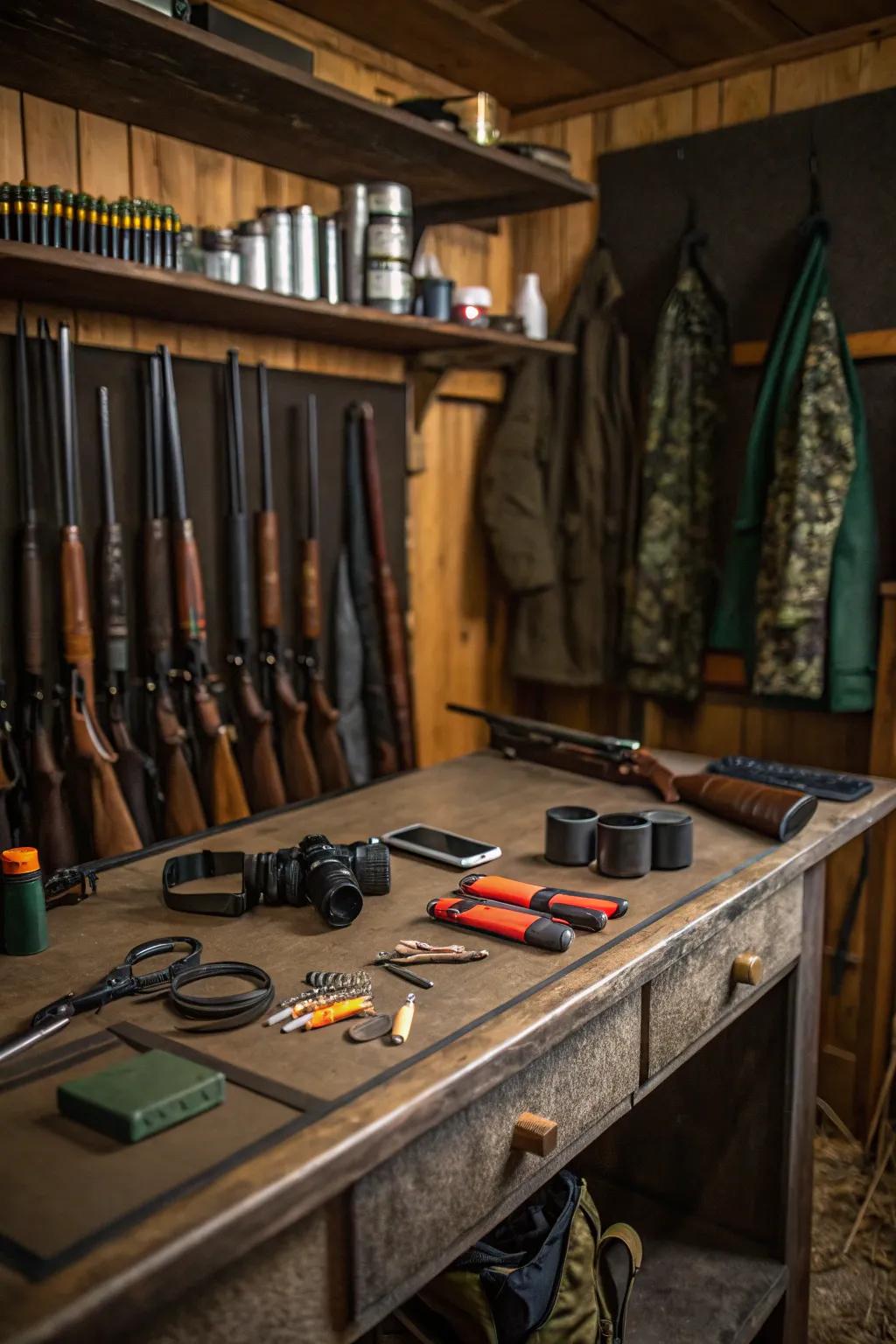 A workbench provides a practical space for maintaining your gear.