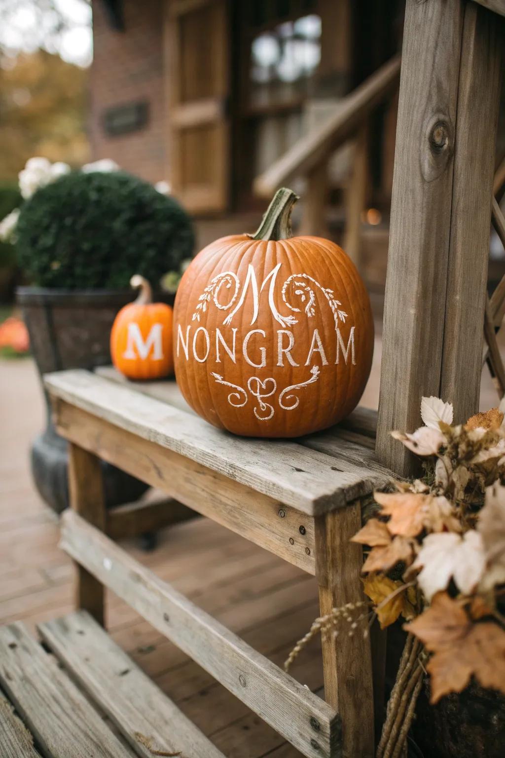 A personalized emblem pumpkin adding a unique touch to seasonal decorations.