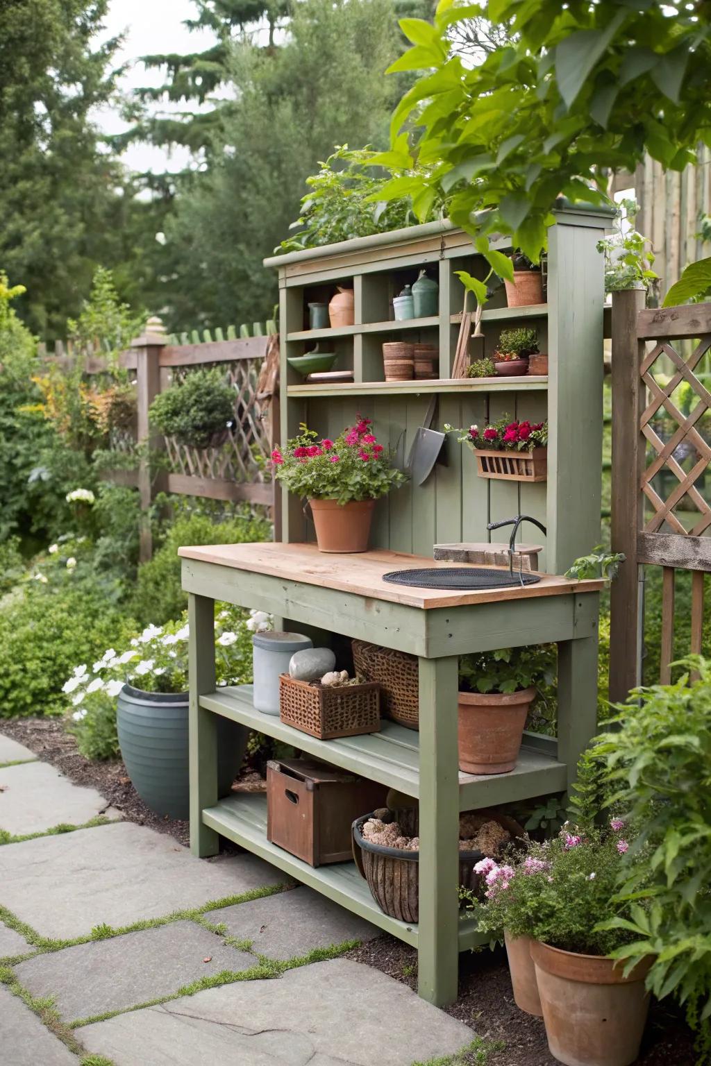 A planting surface provides both a work area and storage space.