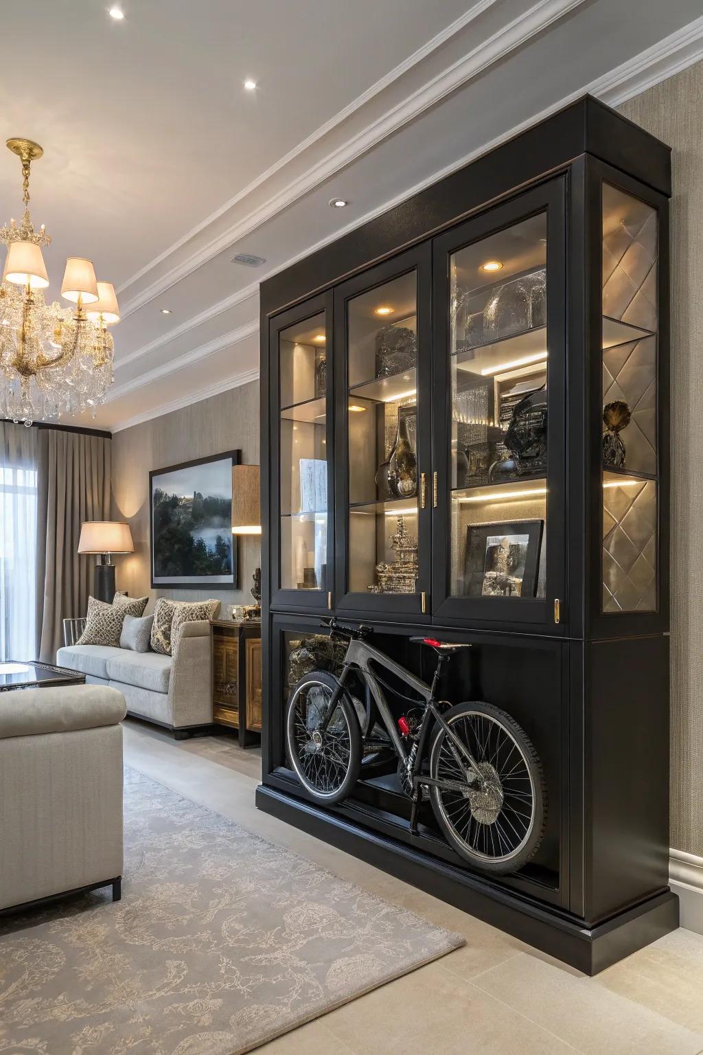 Custom bike cabinet offers a luxurious storage solution.