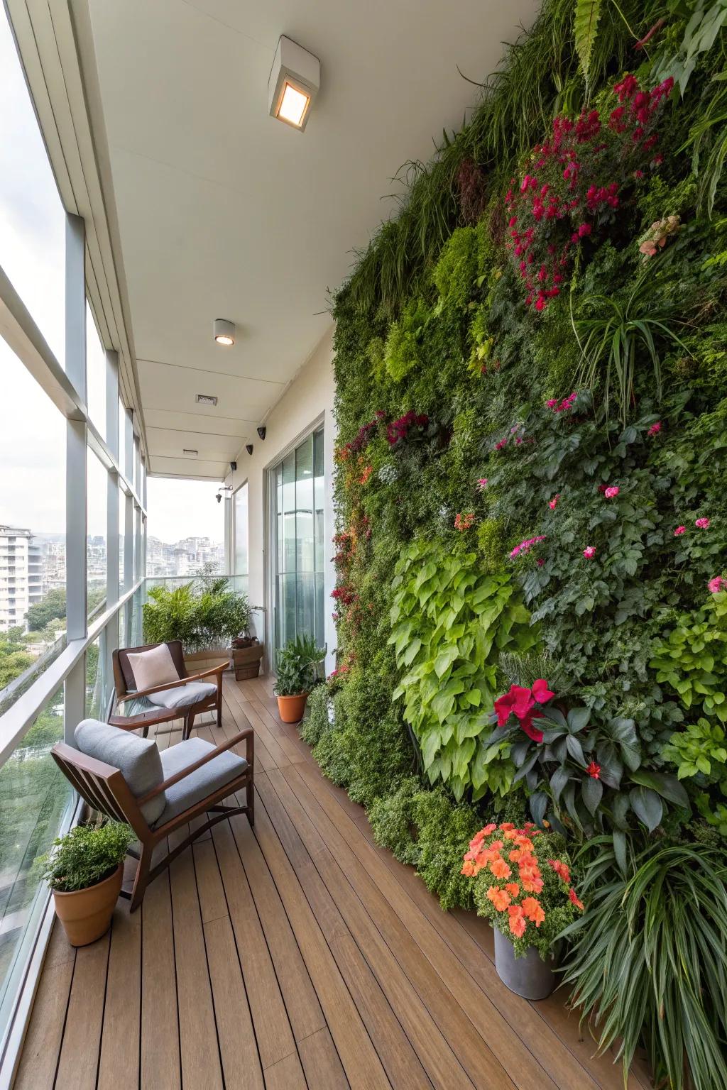 This indoor deck has a lush, verdant touch because to a vertical garden.