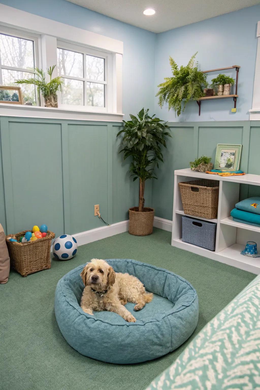 A tranquil dog room featuring a calming color palette.
